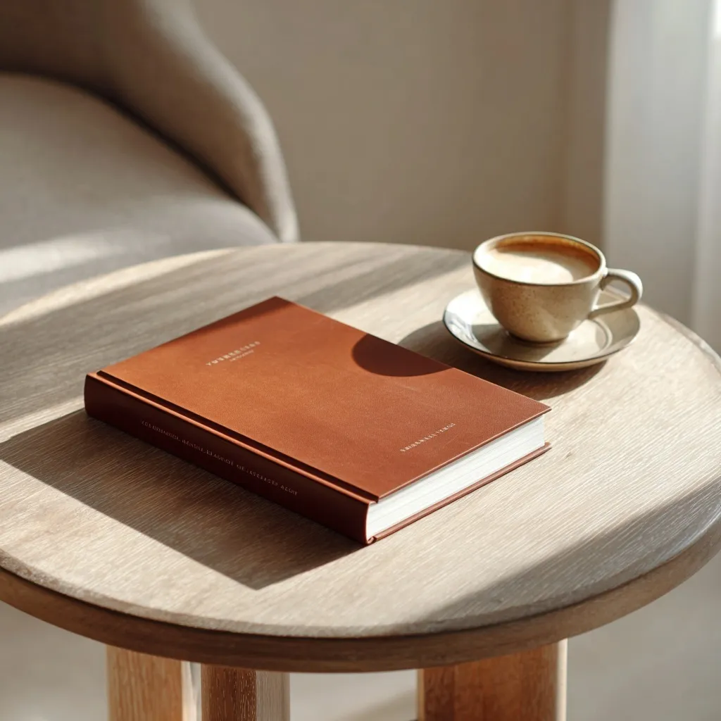 A burgundy leather book and a cup of coffee on a light oak table in a minimalist interior, top-down view.