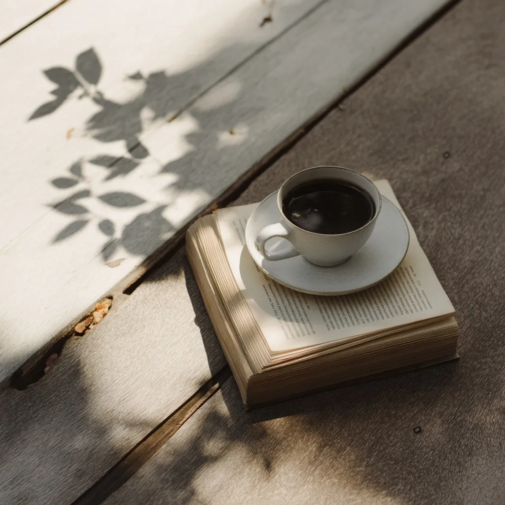 A cup of black coffee on a white saucer atop an open book on rustic wooden floorboards with soft leaf shadows.