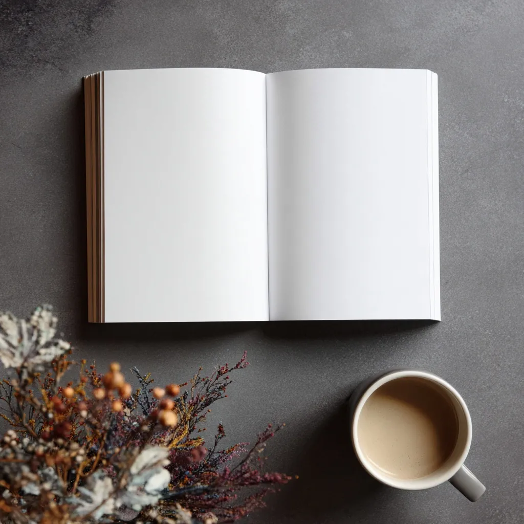 A minimalist flat lay of a novel with a blank white cover on a modern coffee table, viewed from above.