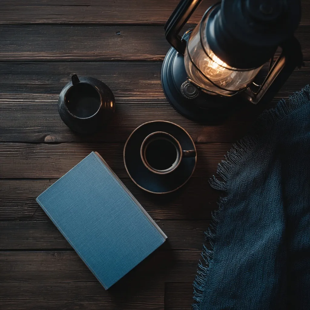 Flatlay of a black coffee cup and blue novel on a dark wooden table with warm lamp lighting.