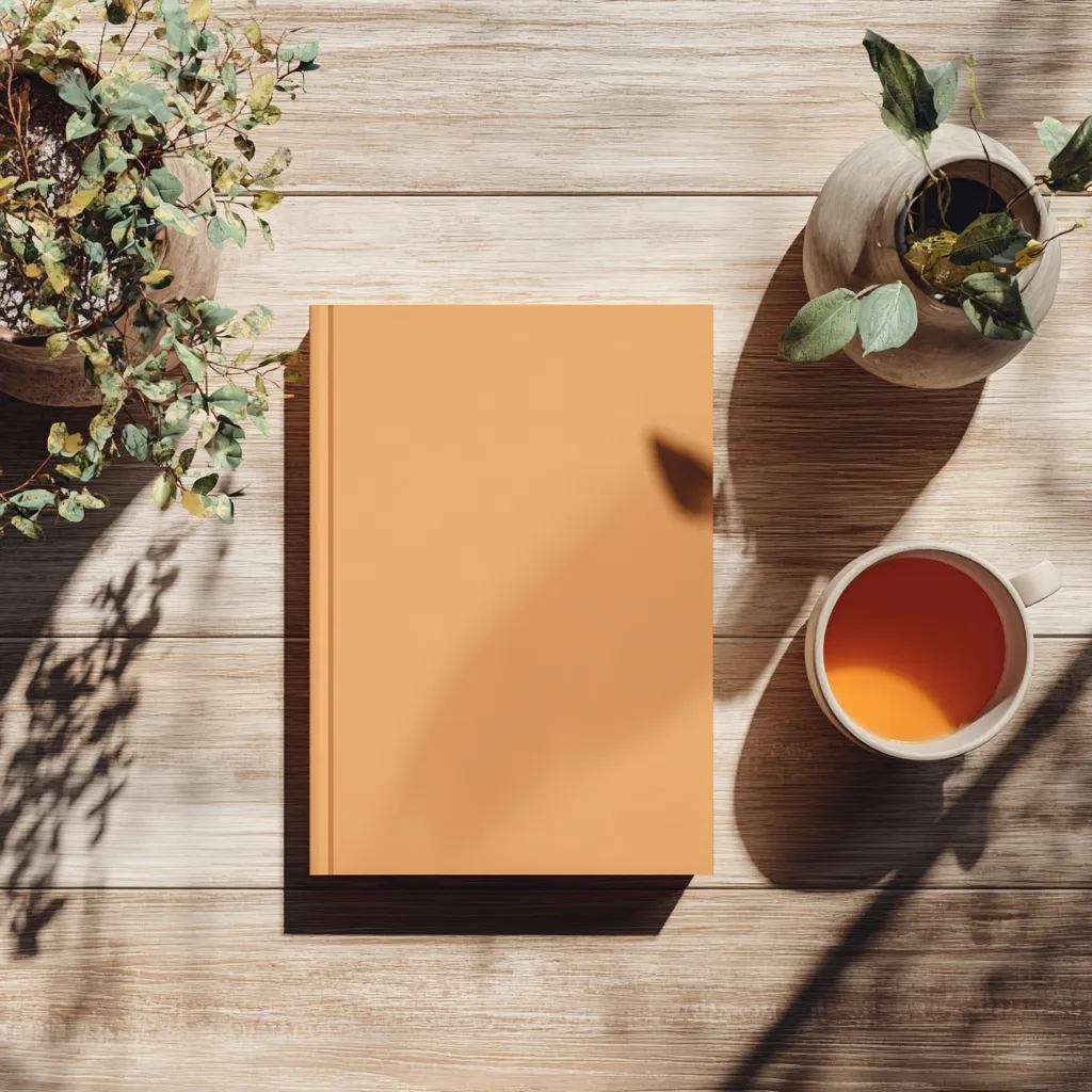 Flat lay of a blank book, tea cup, and plant on a wooden table in soft natural light, top-down view.