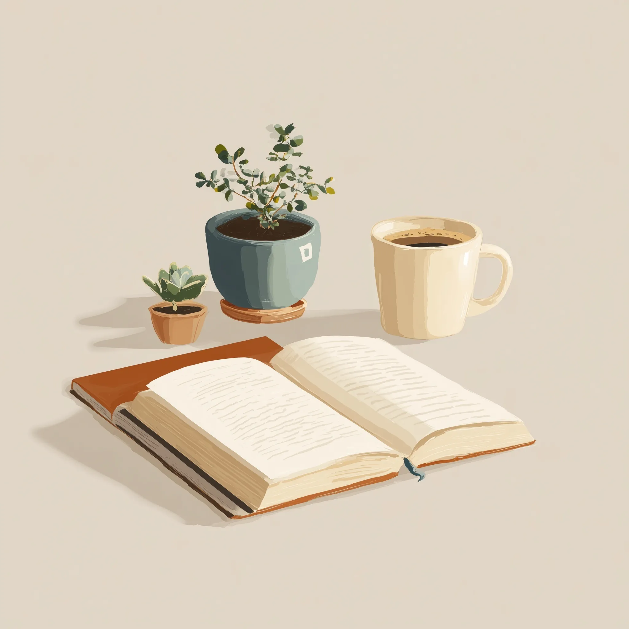 Minimalist flat vector illustration of a coffee mug, open notebook, and potted plant on a cozy desk.