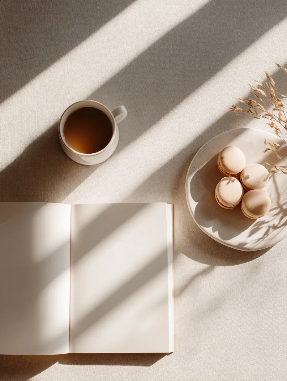 Top view of a blank notebook, coffee, and macarons on a cafe table with soft sunlight and shadows.