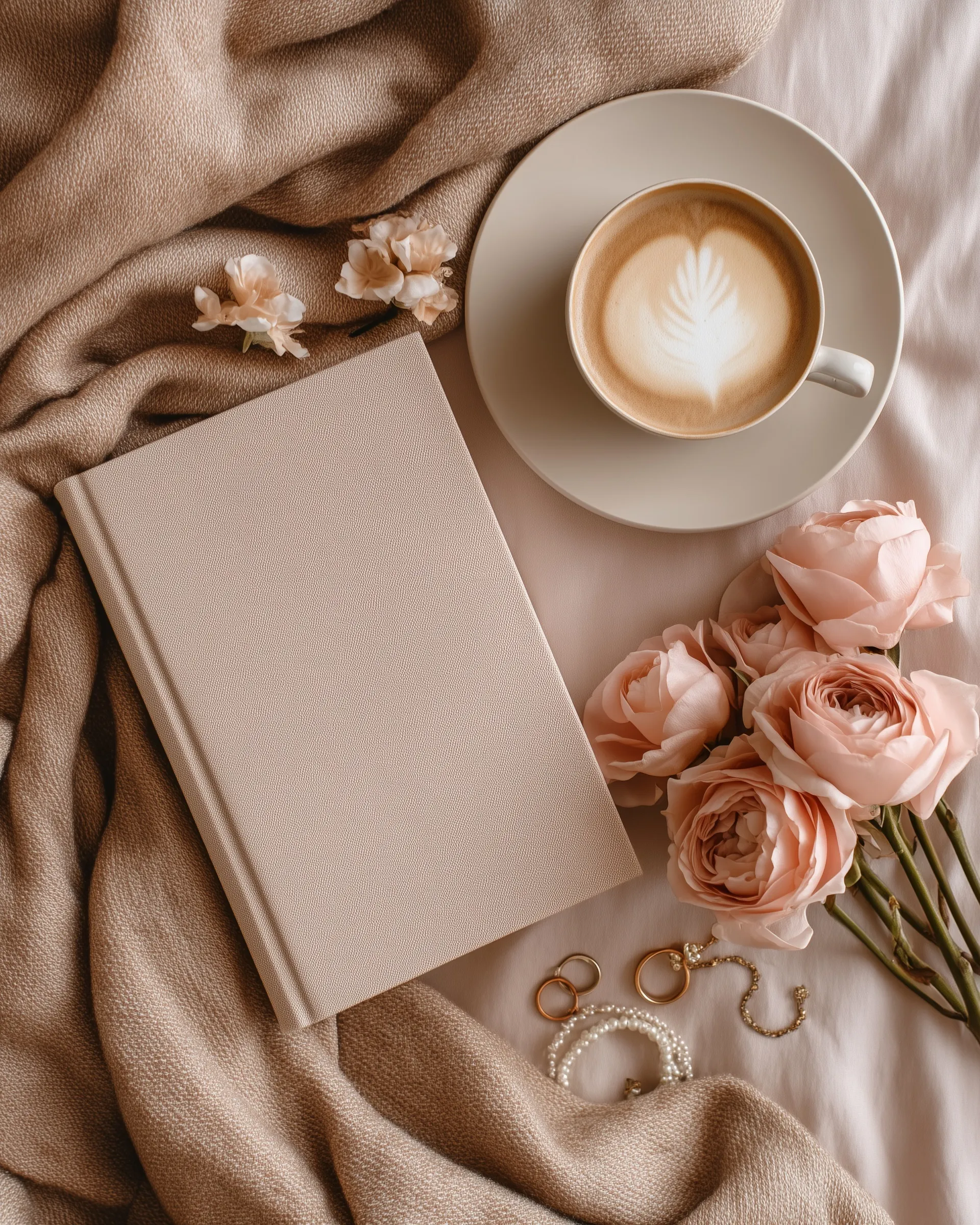 Overhead flat-lay of a blank hardcover book, latte, roses, and jewelry on a soft wool blanket in morning light.