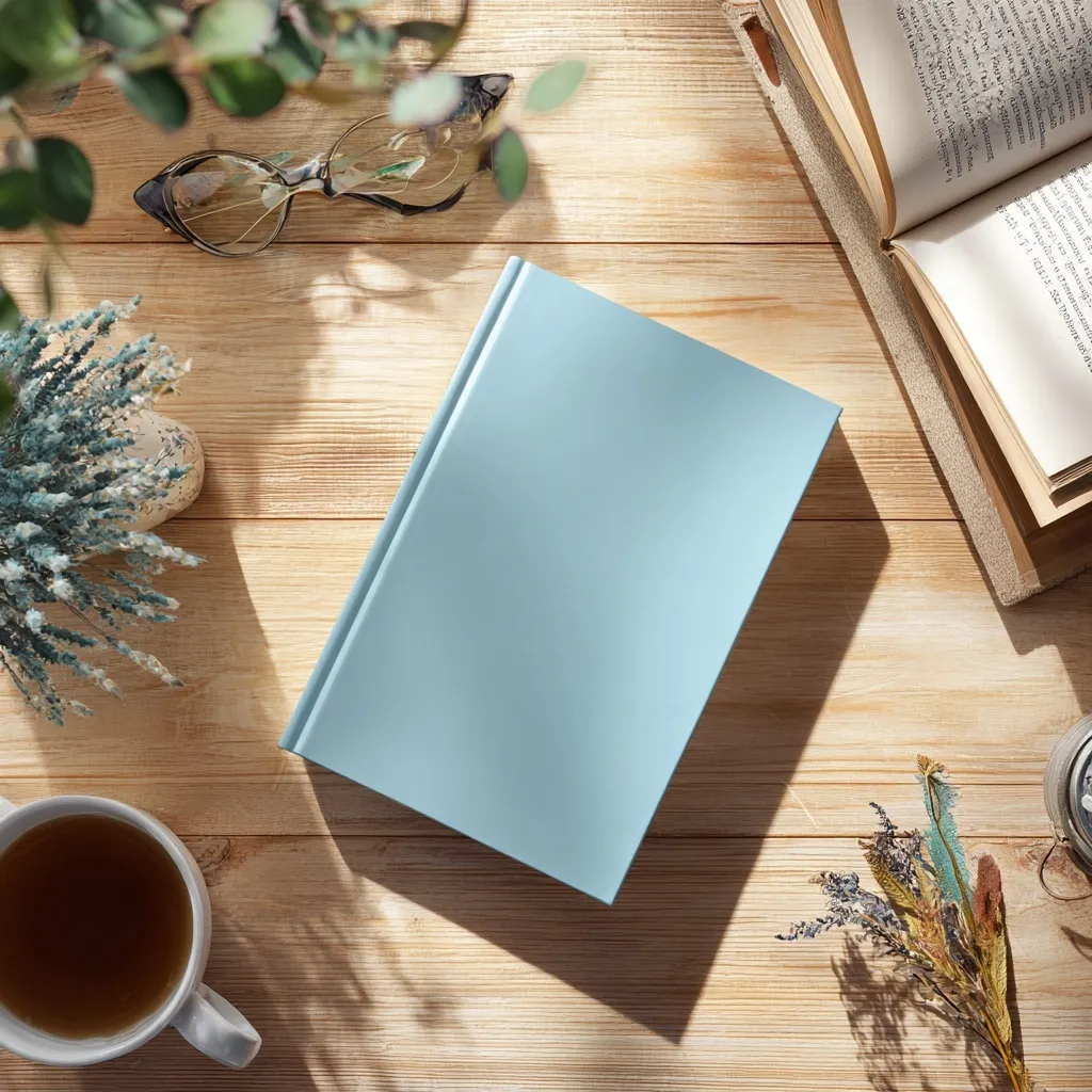 A flat lay of a blue paperback book on a rustic wooden desk with soft sunlight, perfect for a cozy writer aesthetic.