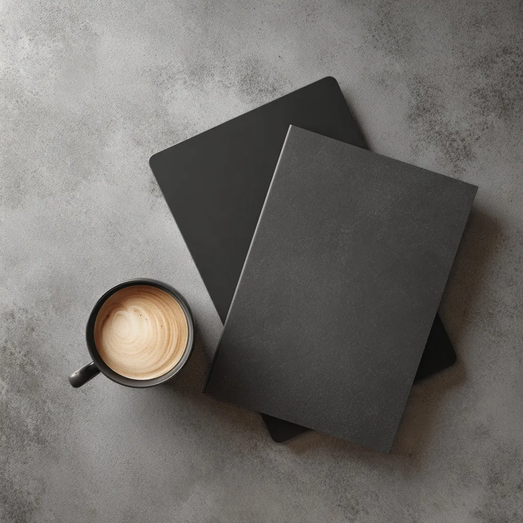 Top view of A4 paper mockups, coffee cup, and tablet on a dark grey concrete table in a modern setting.