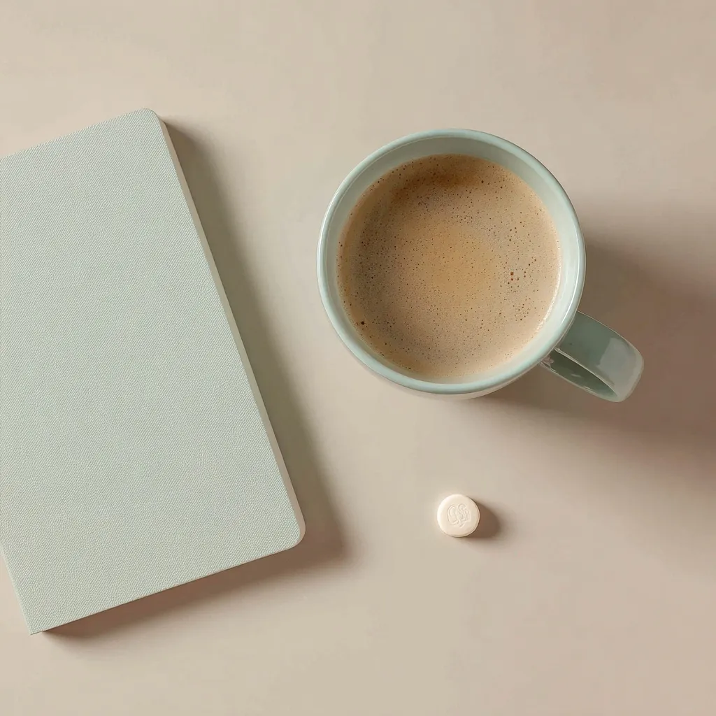 Overhead view of a coffee mug, notebook, and gum on a soft-toned, clean mint and beige minimalist surface.
