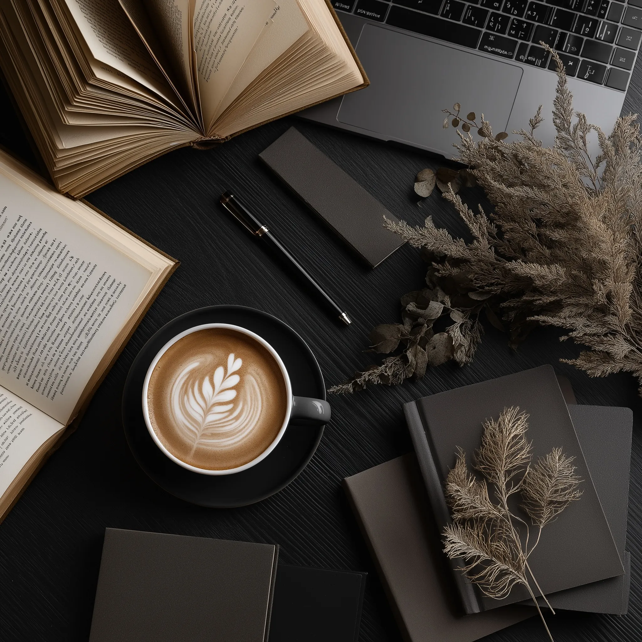 Flat lay of artisan cappuccino and open books on a dark wood desk with space for a digital planner.