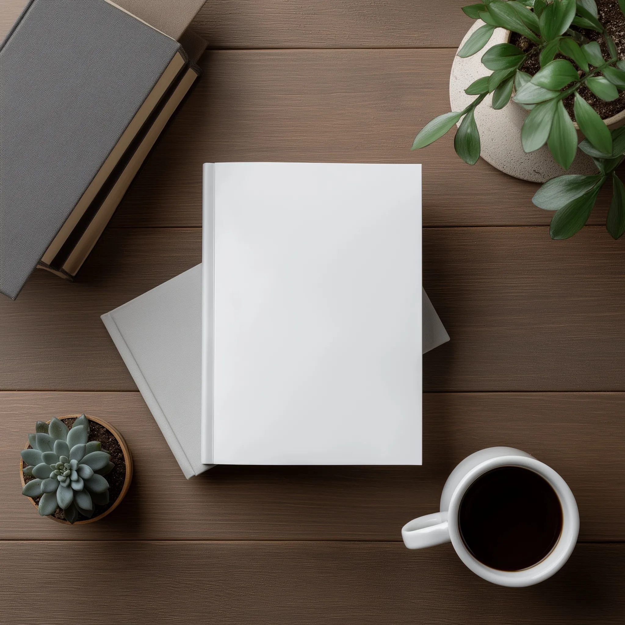 Flat lay top view of a blank open book mockup next to a cup of coffee on a wooden desk.