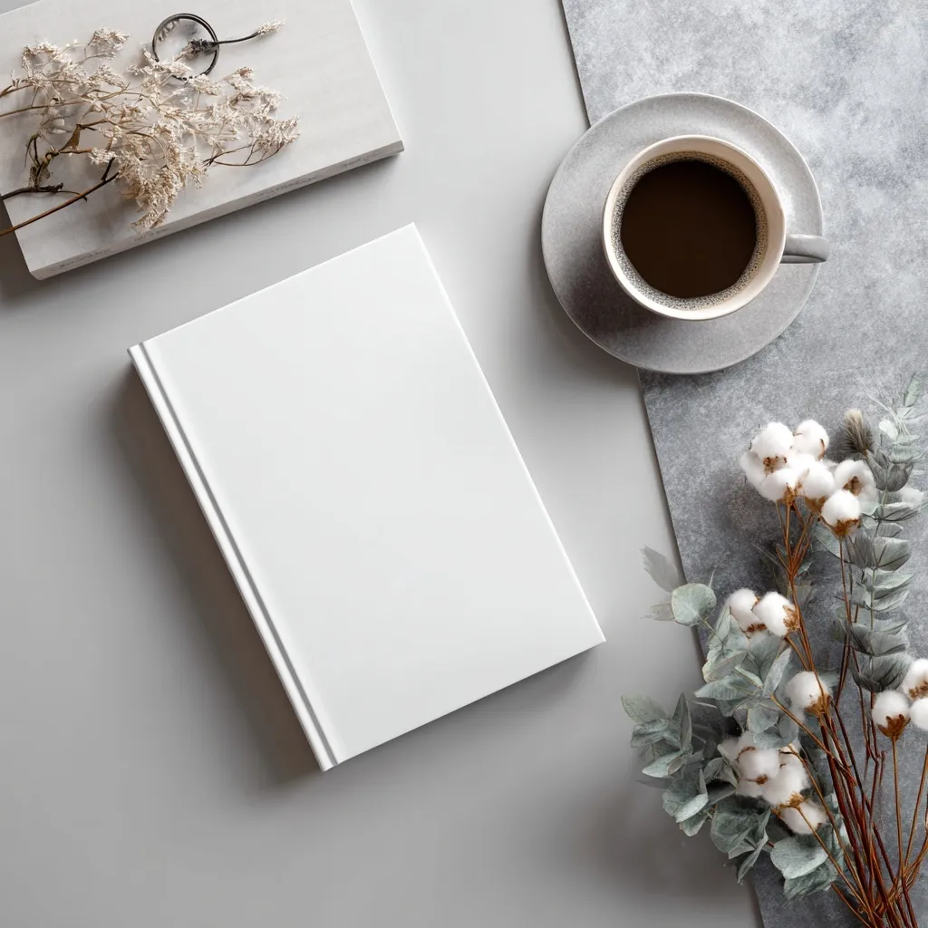 Flat lay of a blank white book cover mockup on a minimalist coffee table with an aesthetic modern vibe.