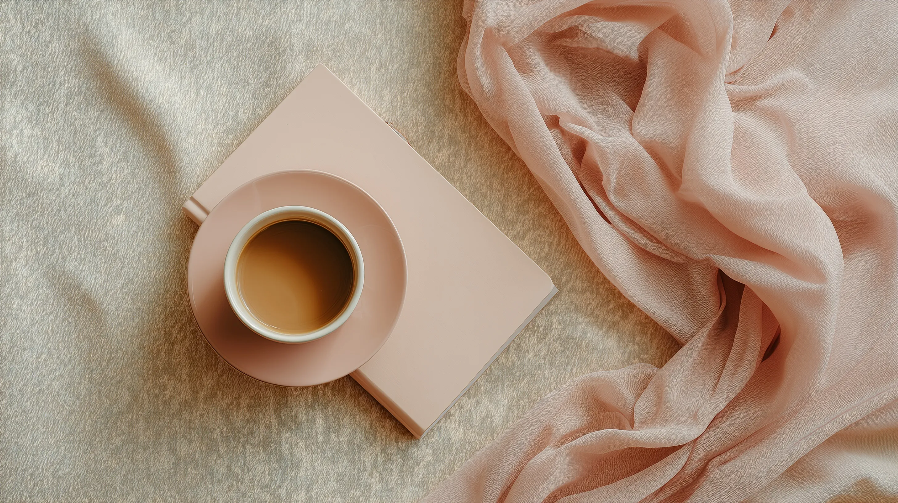 Flat lay of a coffee cup and notebook with negative space, minimal warm neutral aesthetic.