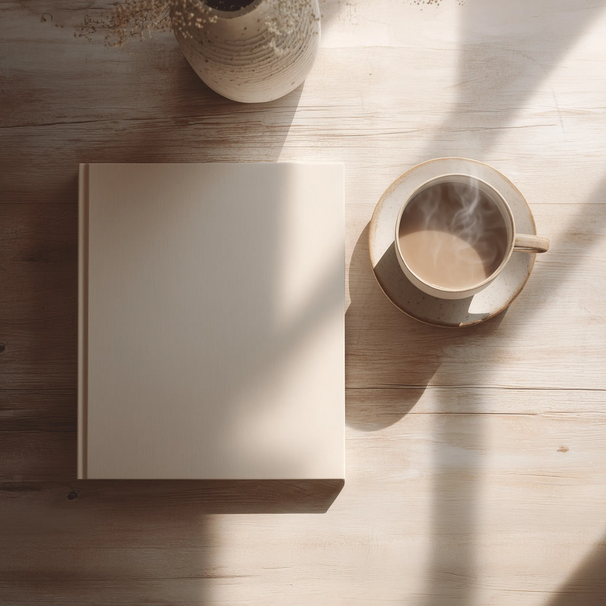 Flat lay top view of a photo album and steaming coffee on a wooden table with soft morning sunlight.