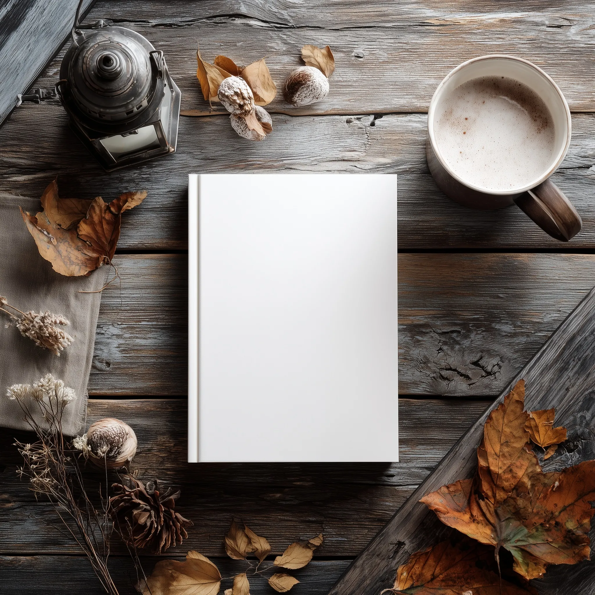 Top-down view of a blank white book on a rustic weathered table with a cup of hot chocolate and autumn decor.