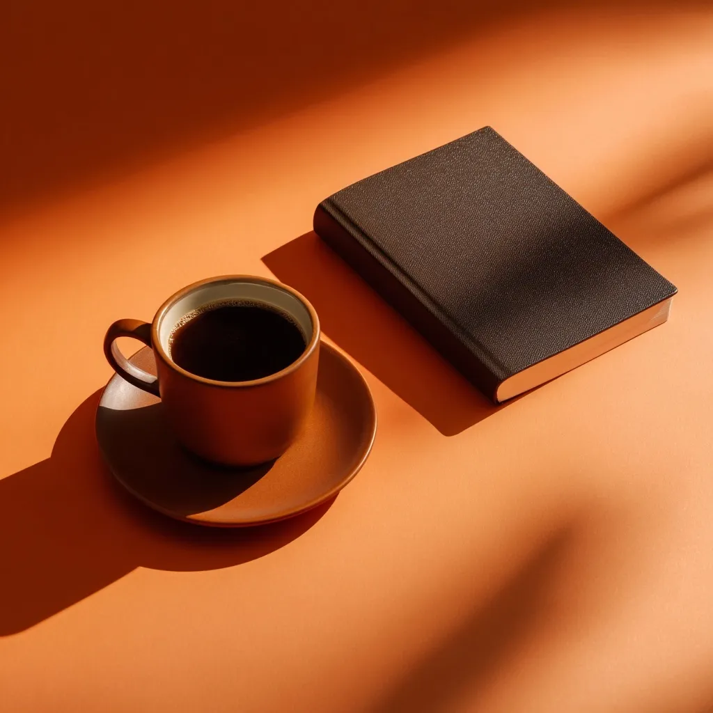 Minimalist flat lay of a coffee cup and closed book on a warm orange background with negative space.