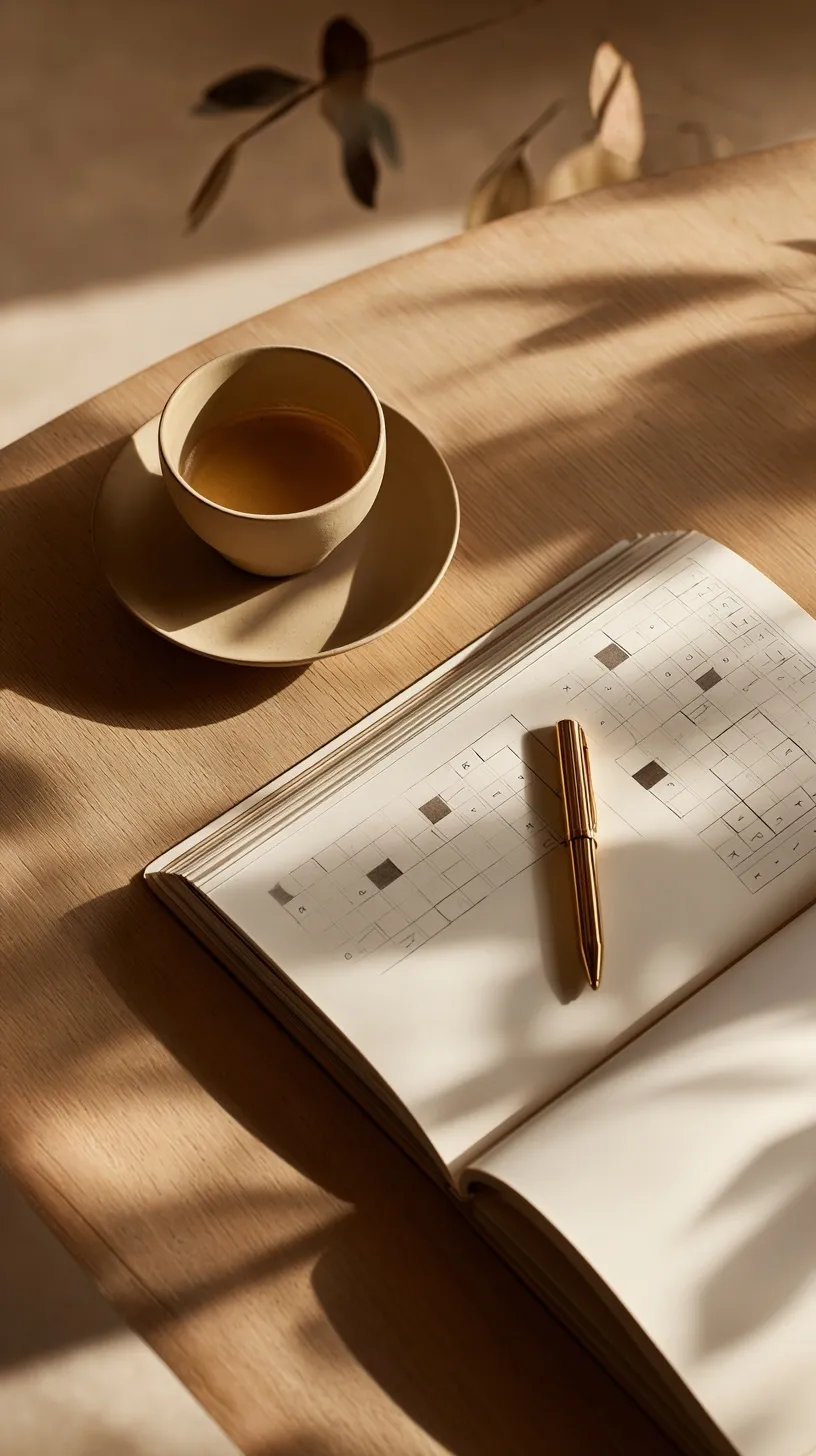 Top view flat lay of an espresso cup, crossword puzzle, and pen on a light oak table with soft natural light.
