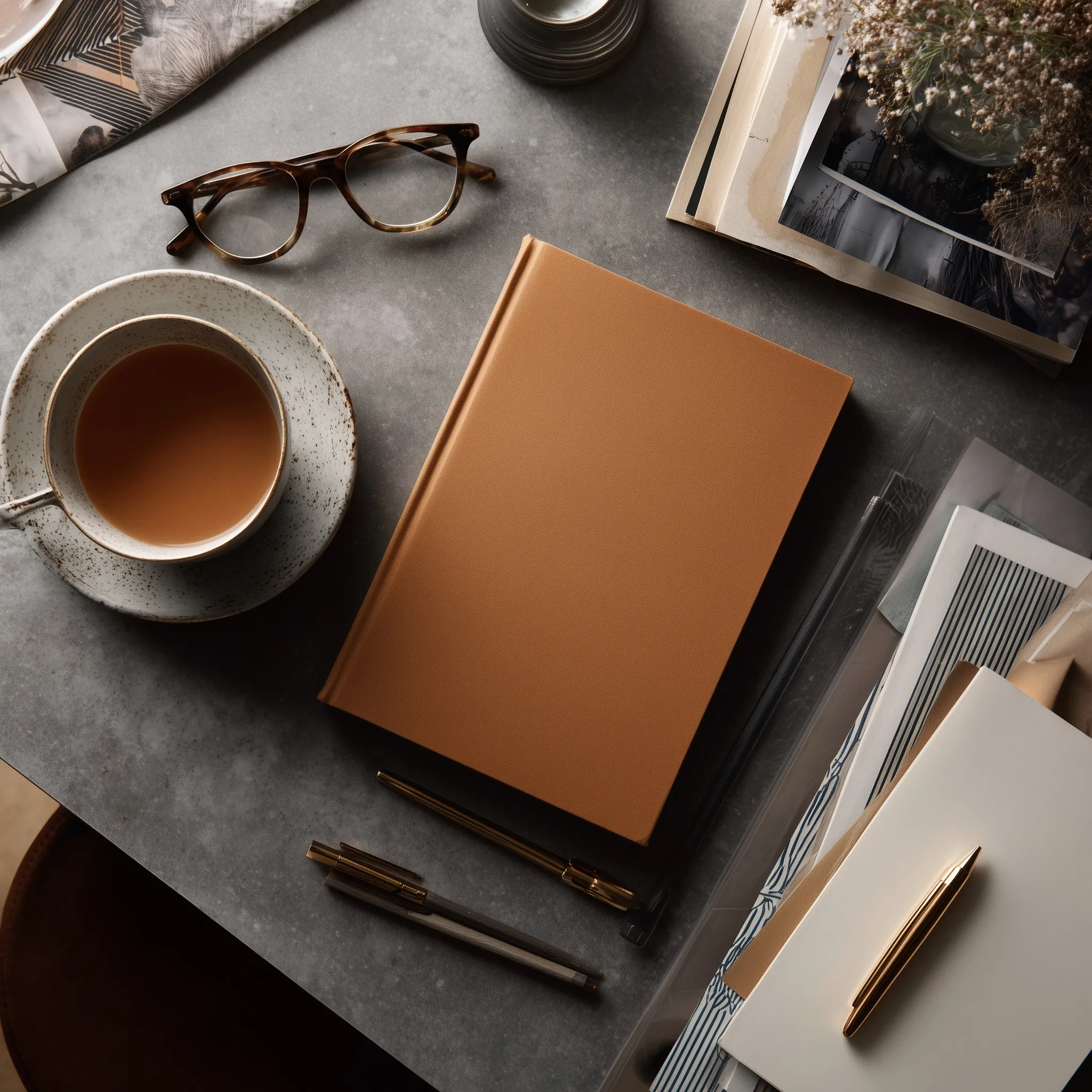Overhead shot of a modern woman's desk featuring an open hardcover book, pens, papers, and a cup of tea.