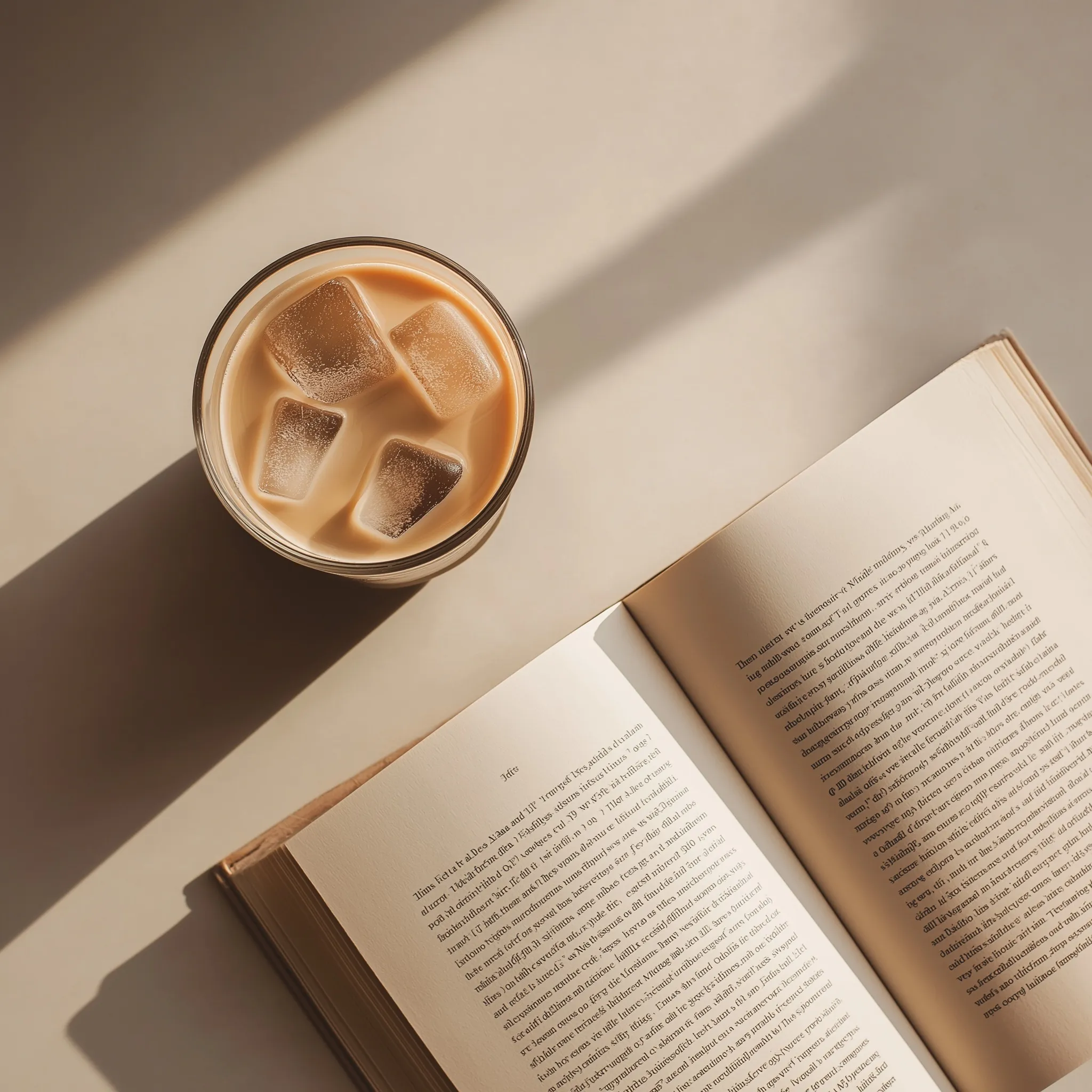 Top-down view of an open book and iced coffee in a minimalist home cafe setting with warm morning light.