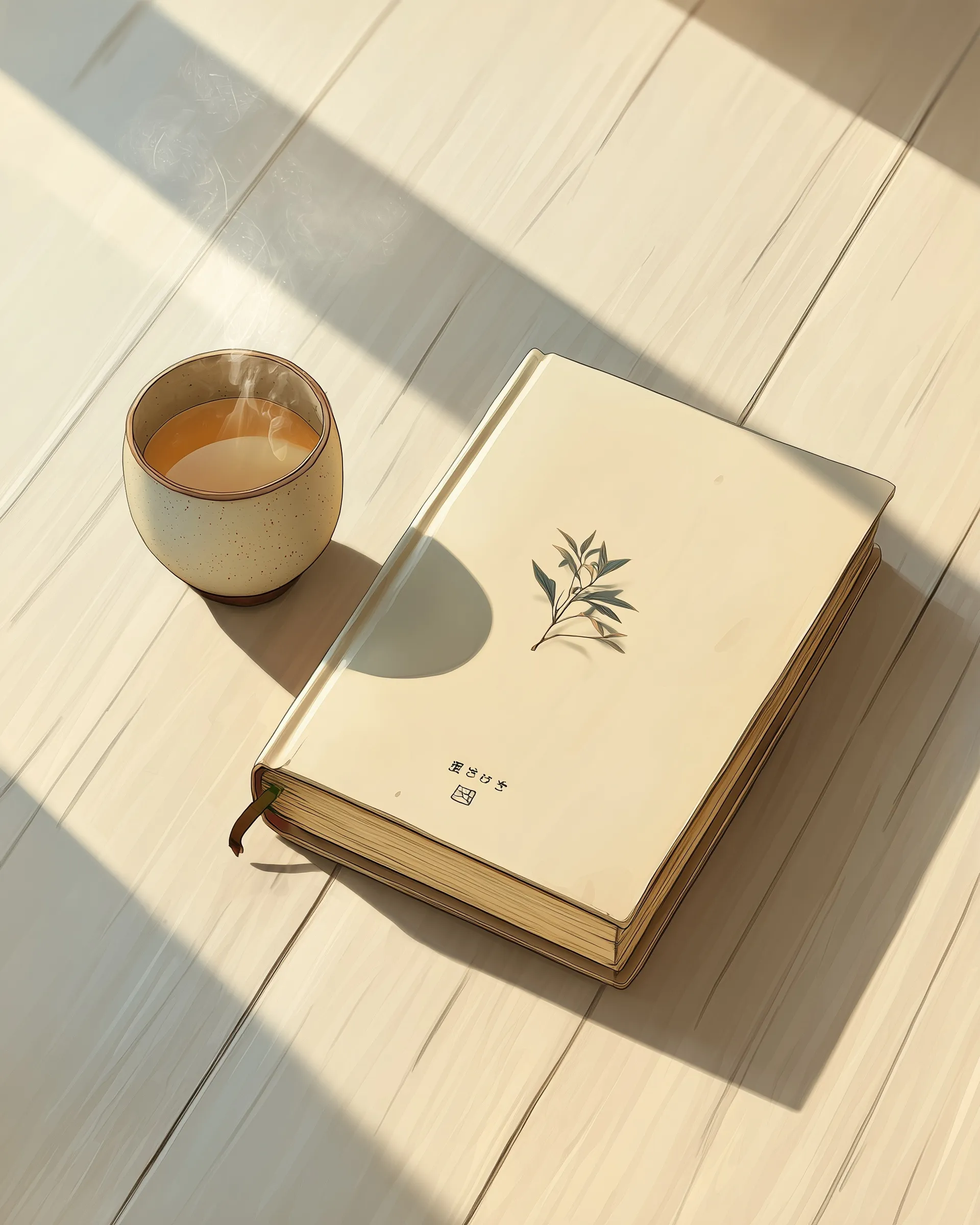 Studio Ghibli-style illustration of a closed book and steaming tea on a minimalist ash wood table in morning light.