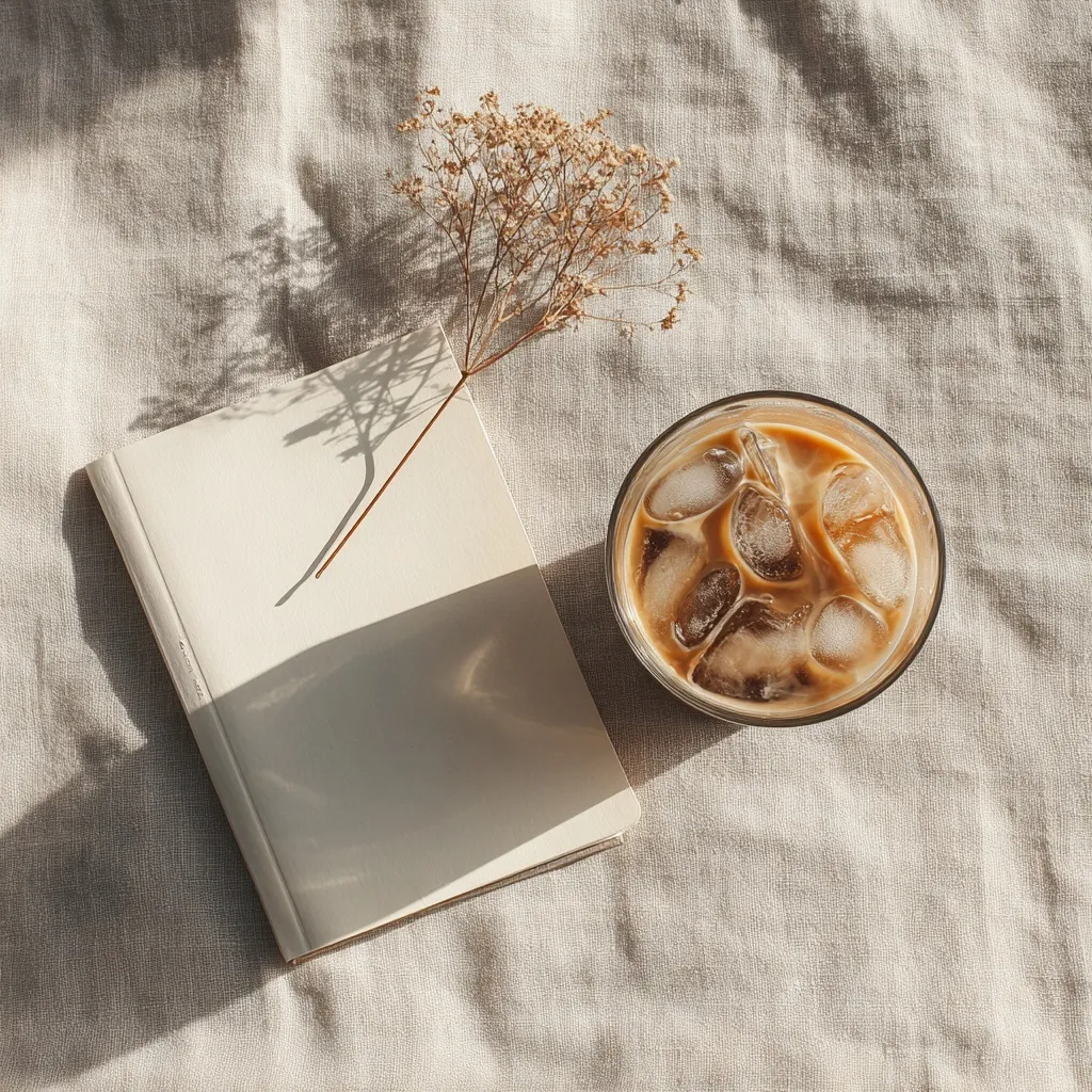 Flat lay of iced coffee in a glass on linen with a notebook and coffee sprig, soft morning light, MUJI aesthetic.