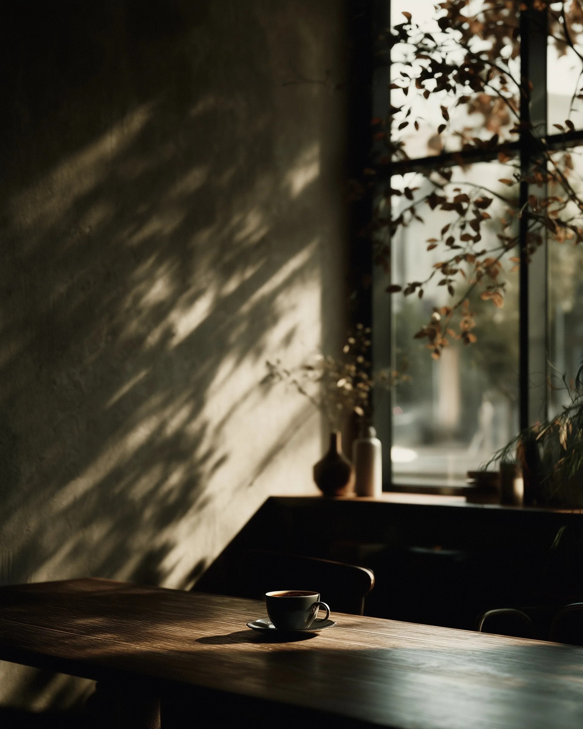 A cup of coffee on a wooden table in a cozy, minimal cafe with soft afternoon sunlight and leaf shadows.