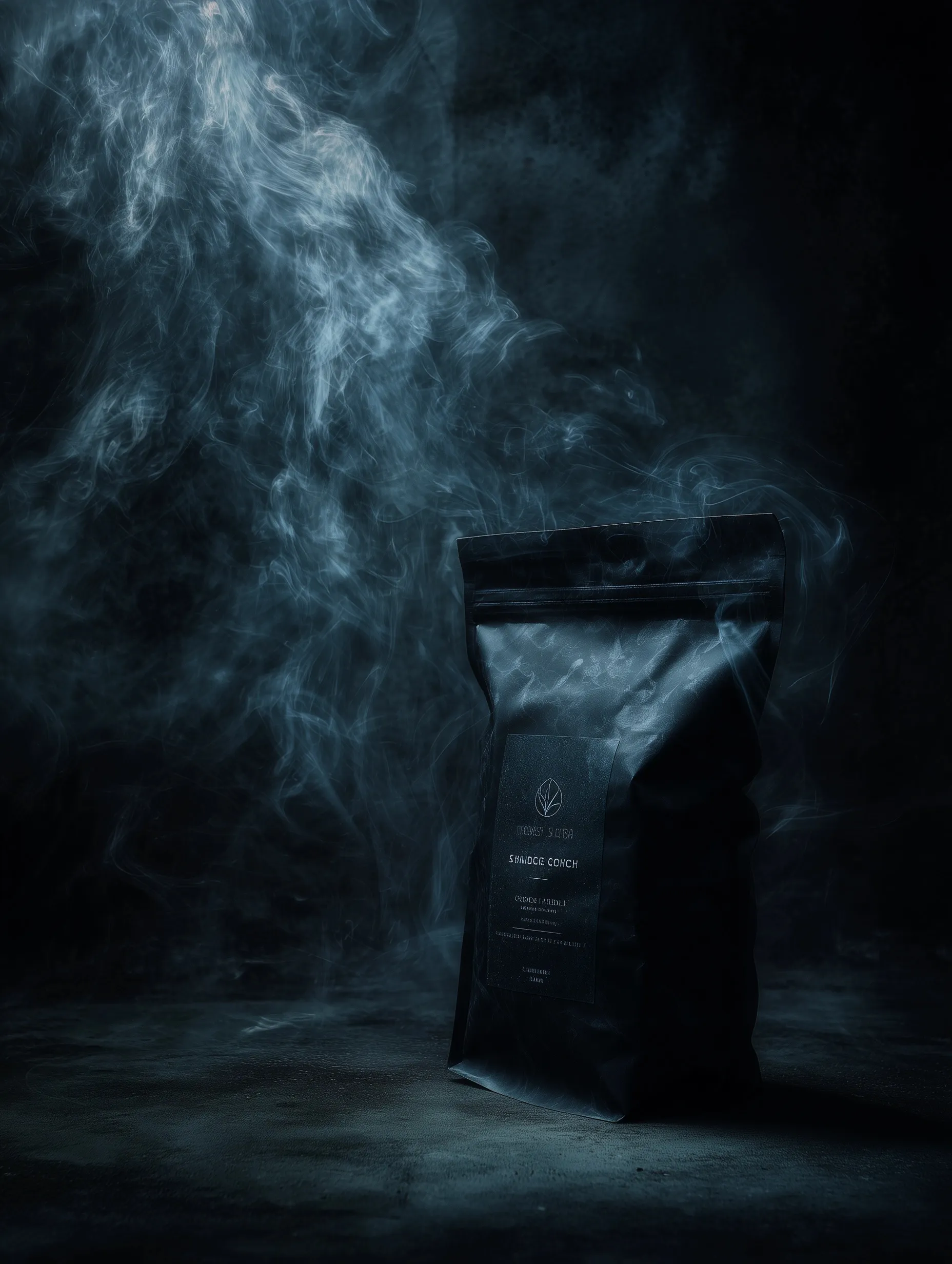 Professional product photography of a black coffee bag with wispy smoke in a dark, moody setting.