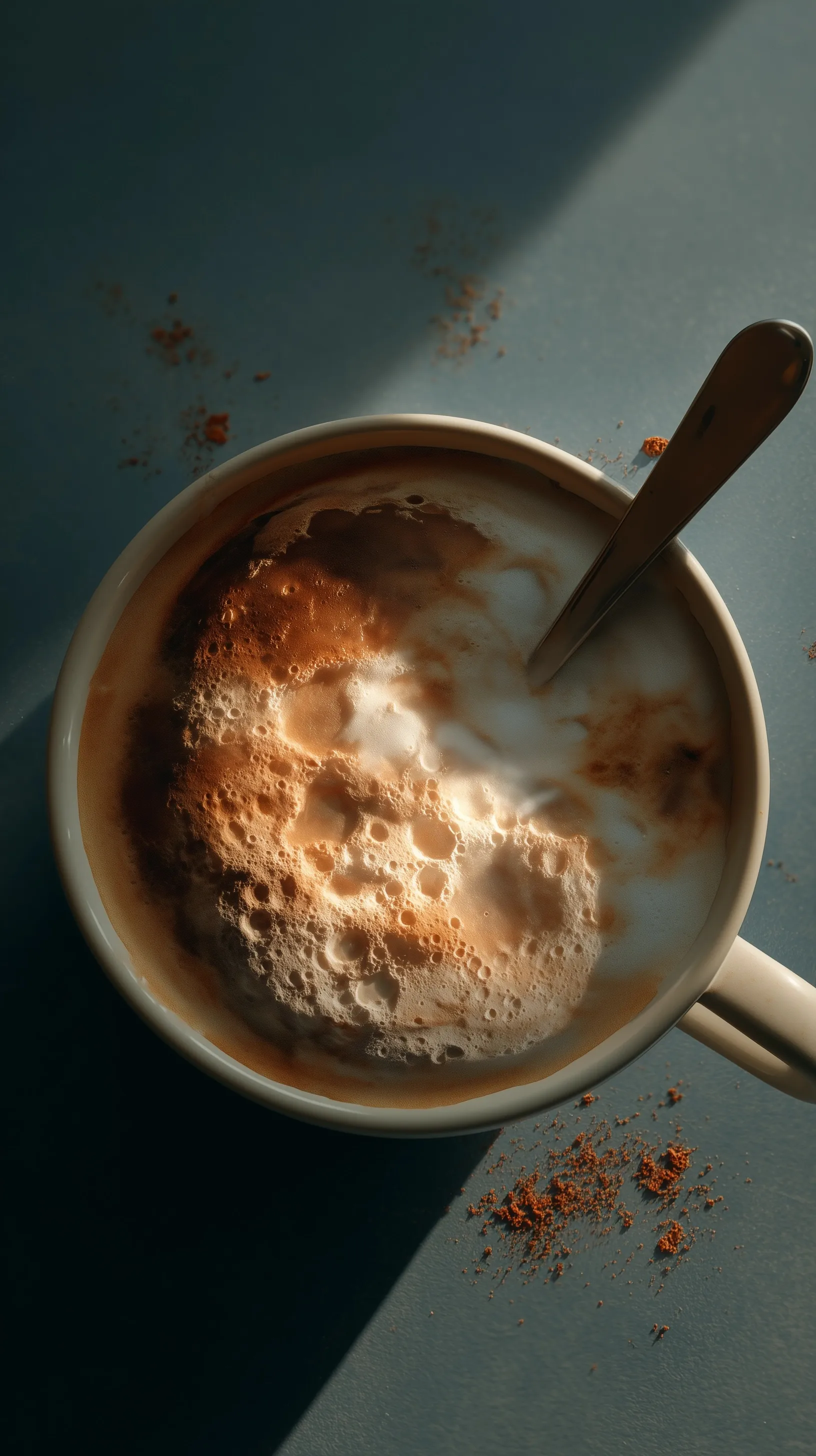 A hyper-realistic coffee latte art shaped like the textured grey surface of the full moon in a ceramic cup.