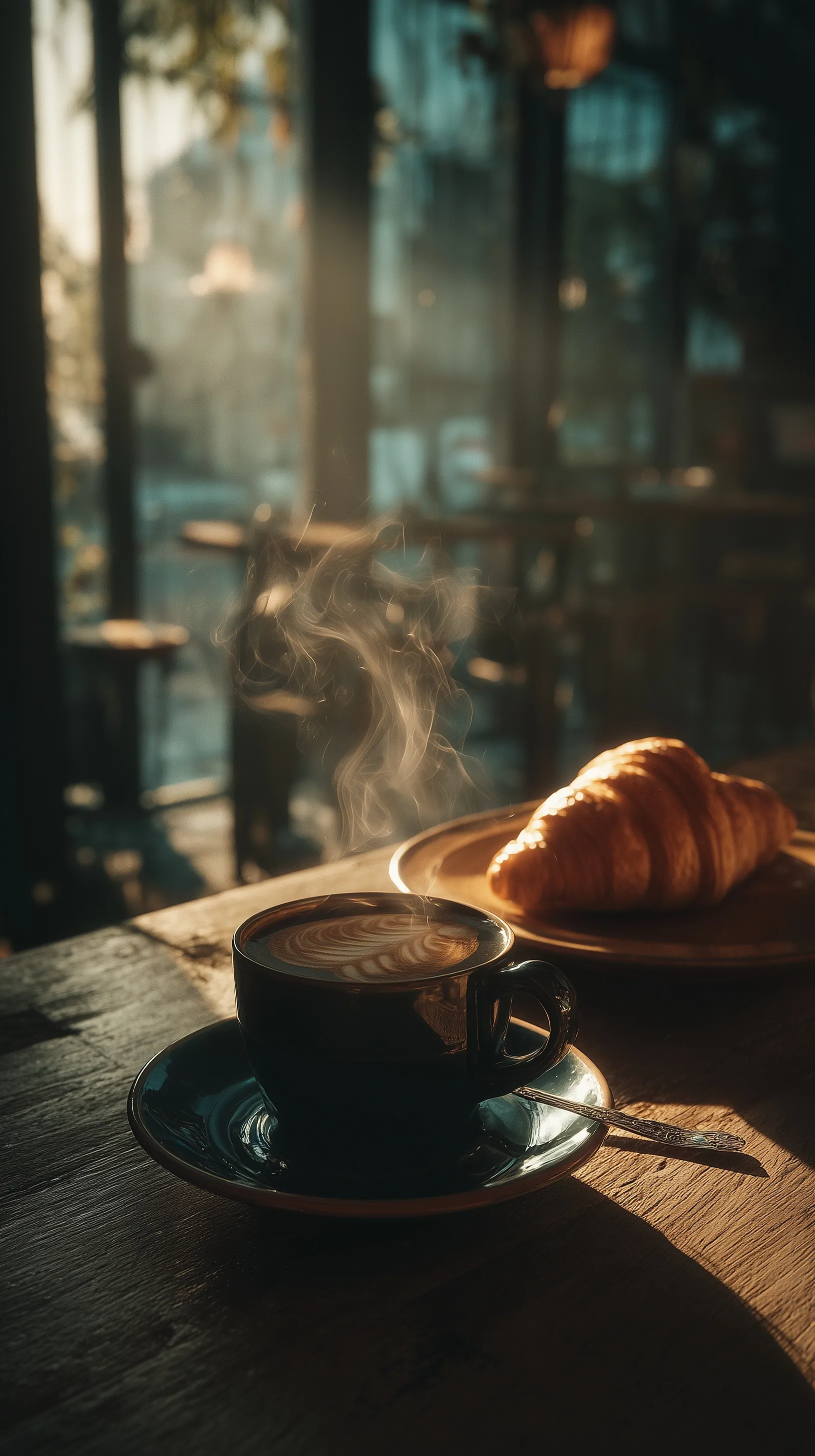 A steaming cup of fresh morning coffee on a rustic wooden table with soft sunlight, perfect for cozy lifestyle decor.