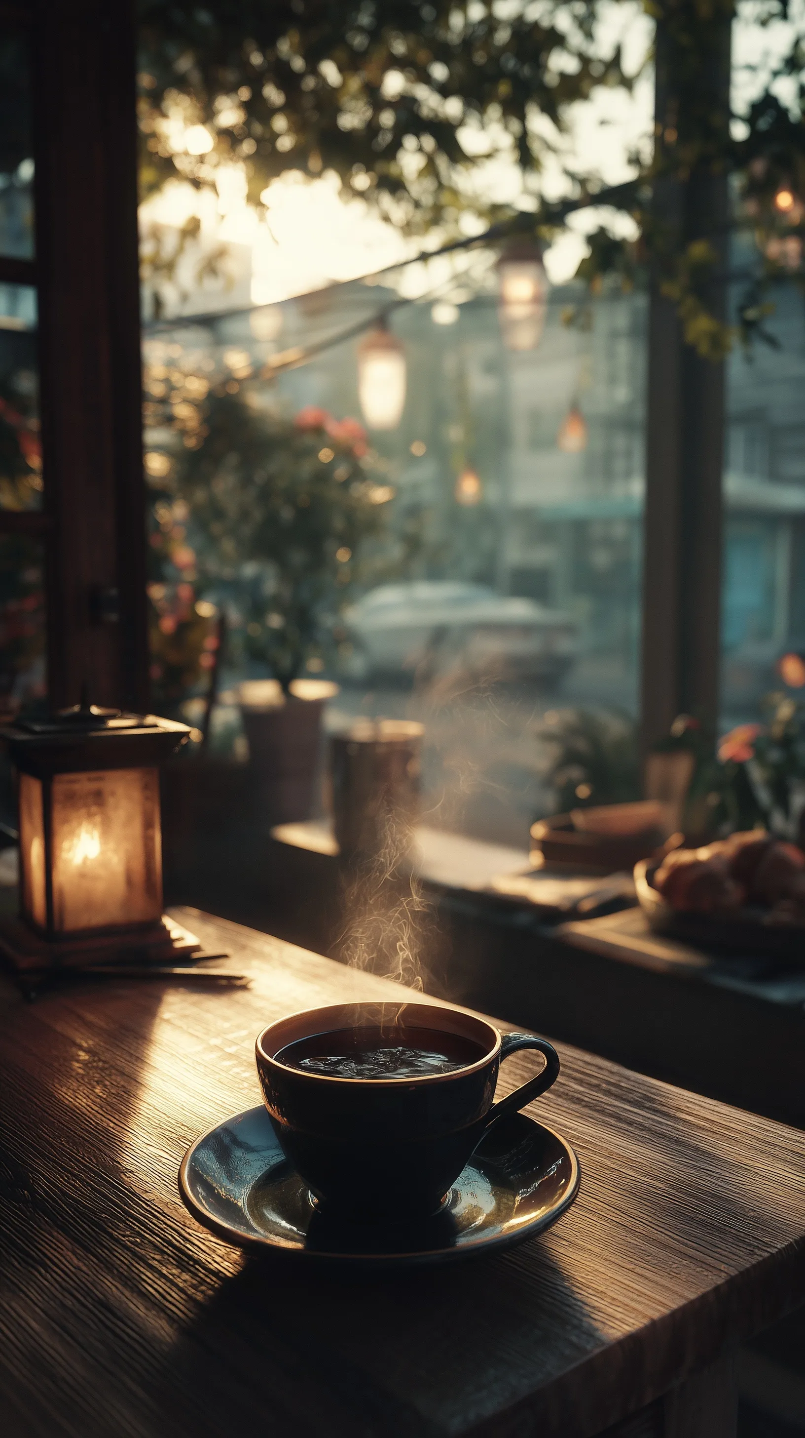 A steaming cup of fresh morning coffee on a rustic wooden table with soft sunlight.