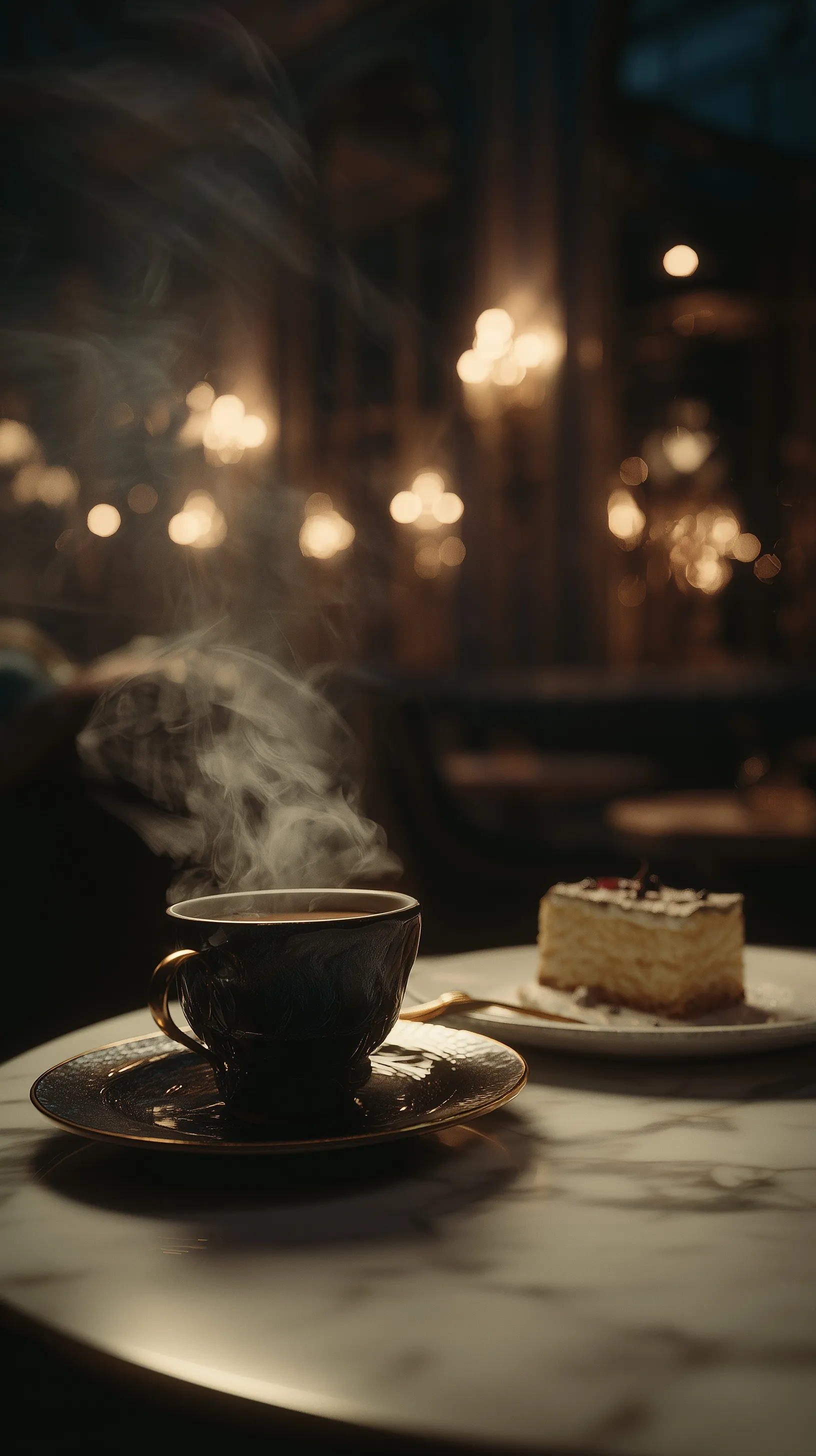 Steaming coffee and gourmet dessert on a marble table in a cinematic, luxury night cafe with golden lighting.