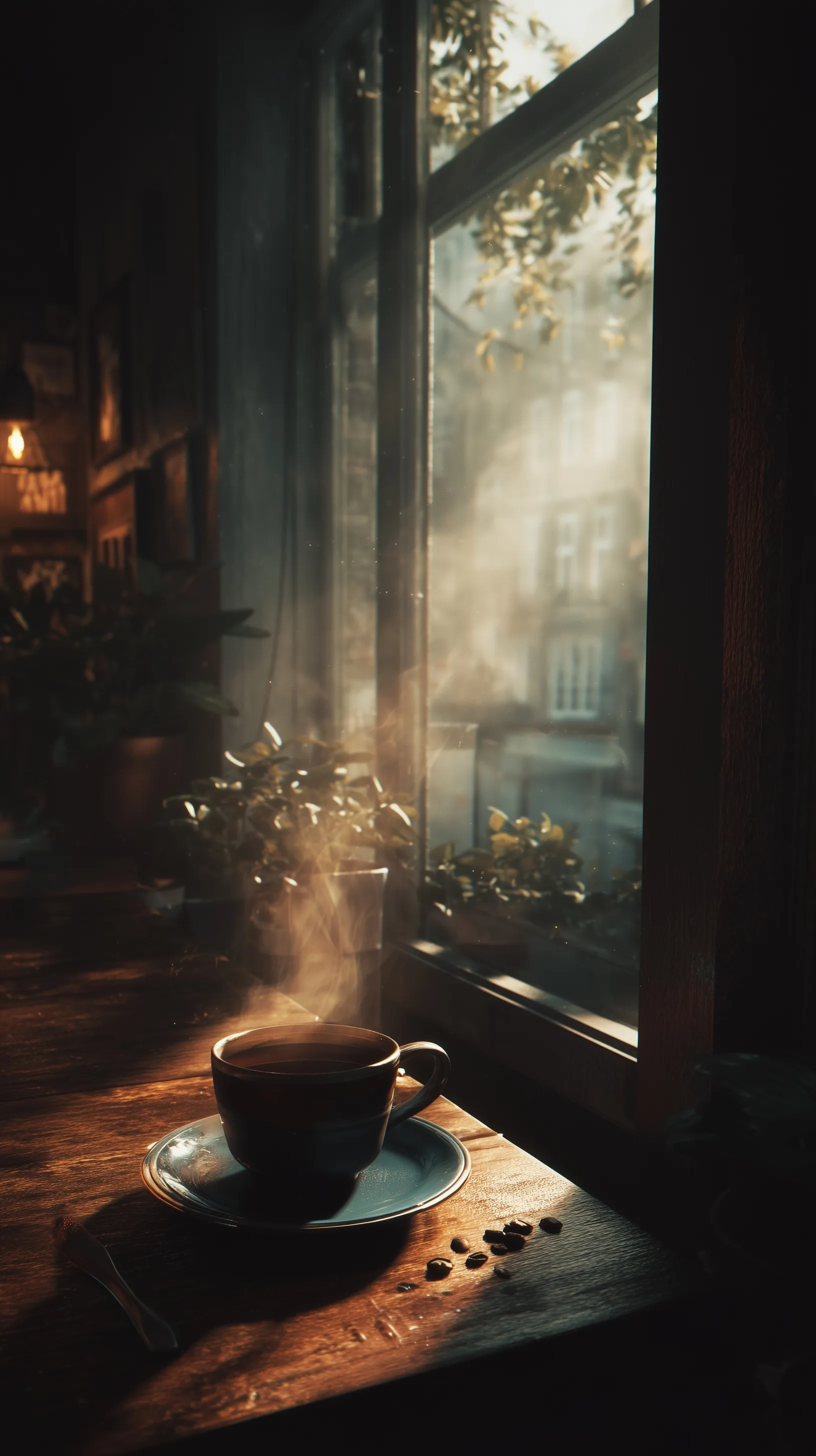 A steaming cup of fresh morning coffee on a rustic wooden table with soft sunlight, perfect for a cozy atmosphere.
