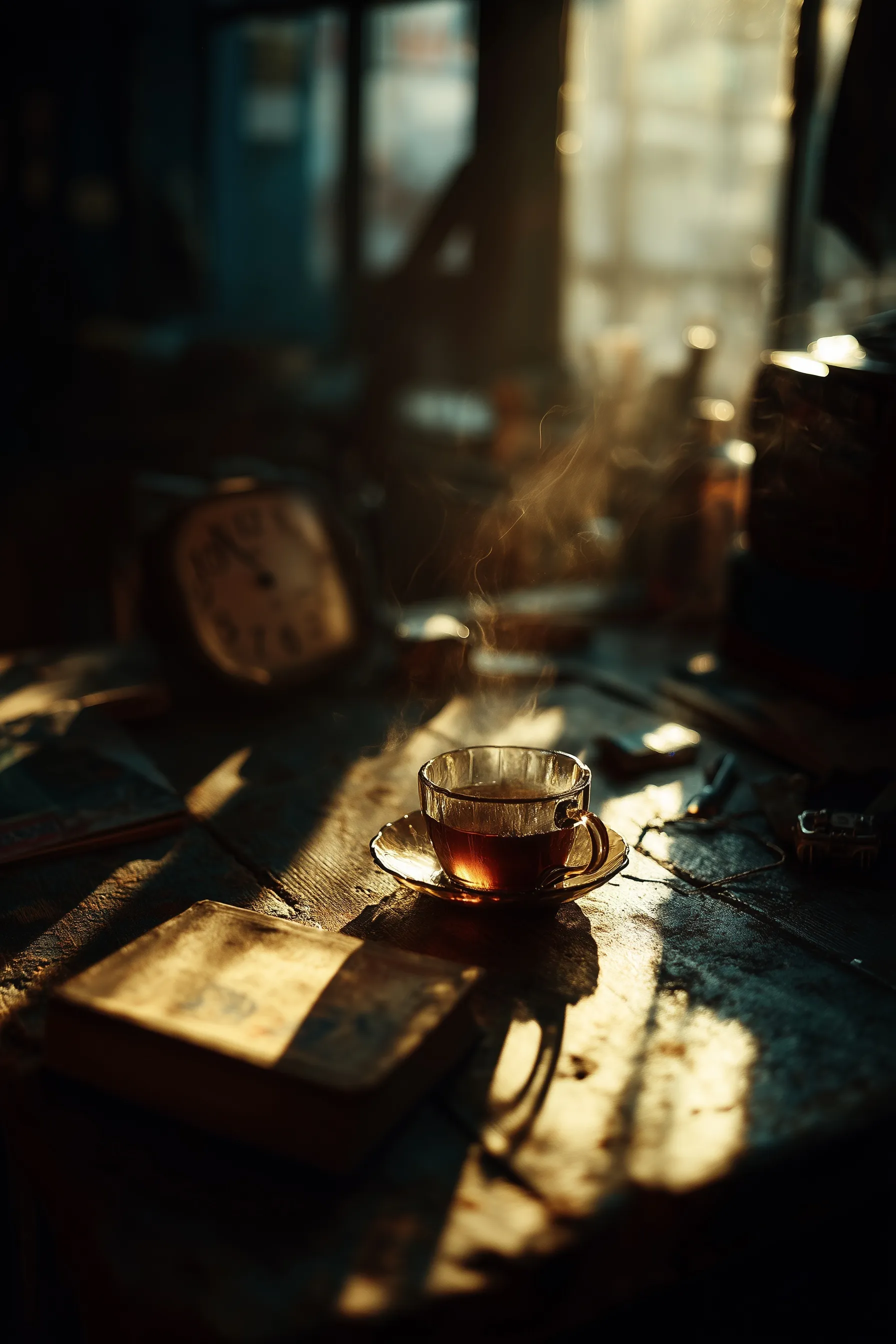 Steaming cup of tea on a wooden table in a sunlit room with an open book and stopped analog clock, cinematic style.