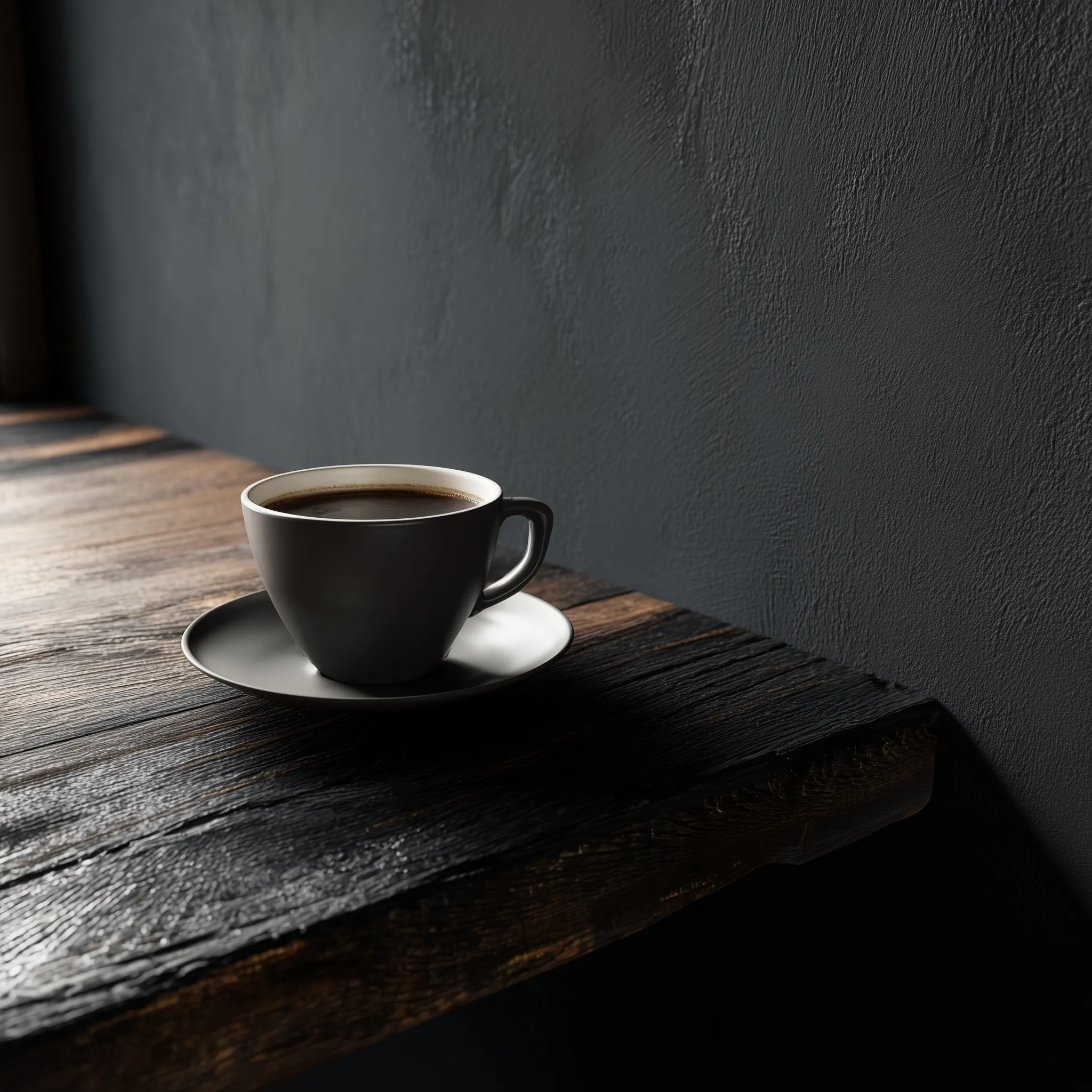 A white coffee mug on a dark wooden table against a dark gray wall, captured from a dramatic dutch angle.
