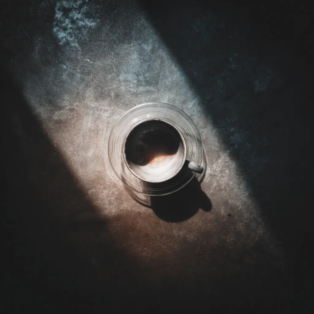 Top down view of an empty white porcelain tea cup resting on a rustic wooden table surface.