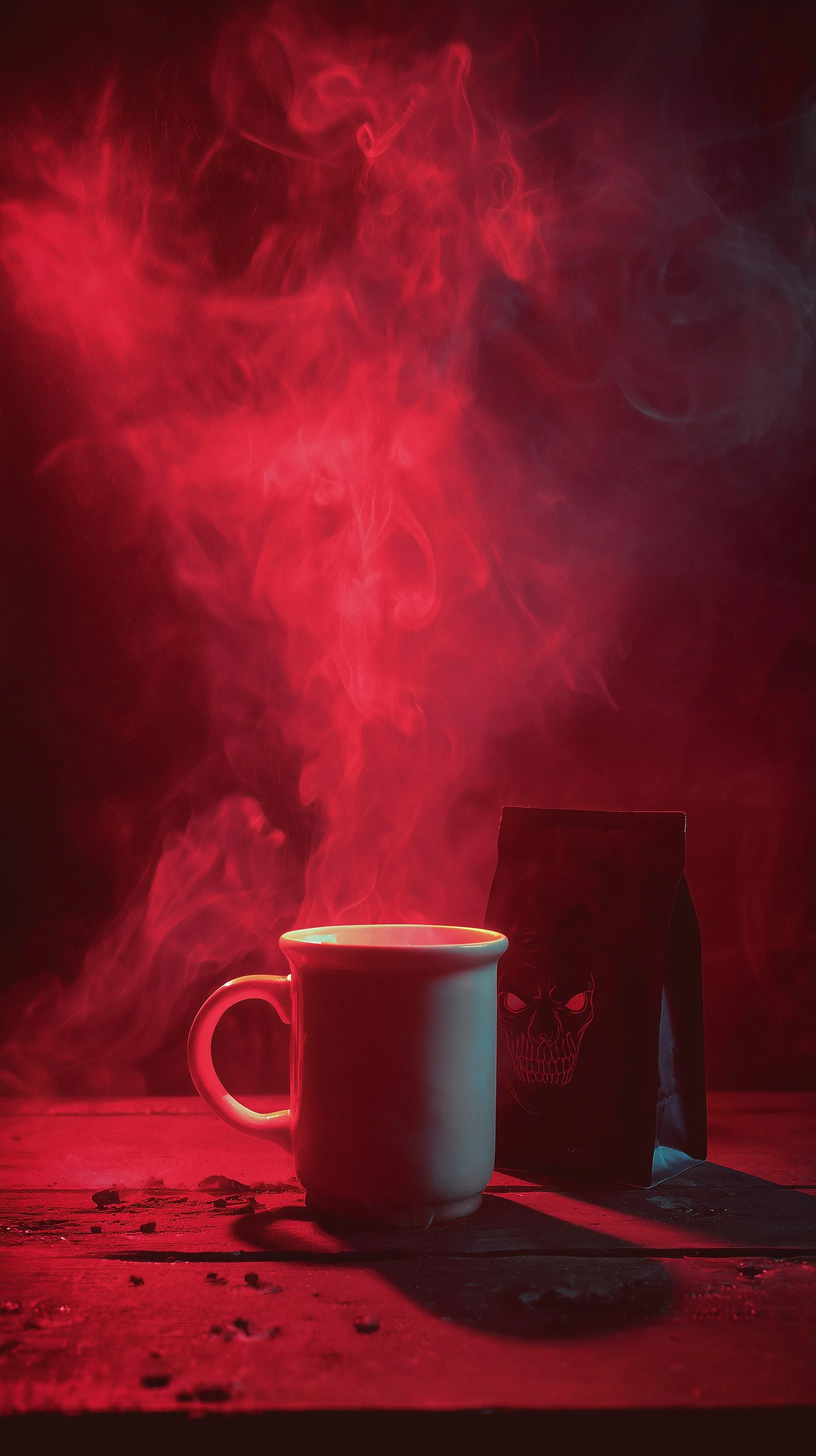 A steaming coffee mug and bag on a rustic table in sinister red horror movie lighting with supernatural mist shapes.