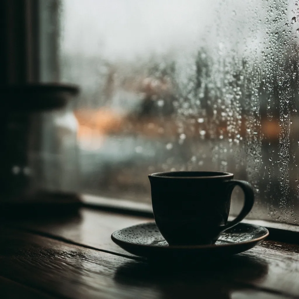 A cozy coffee cup on a wooden table beside a rain-streaked window with soft, moody cinematic daylight.