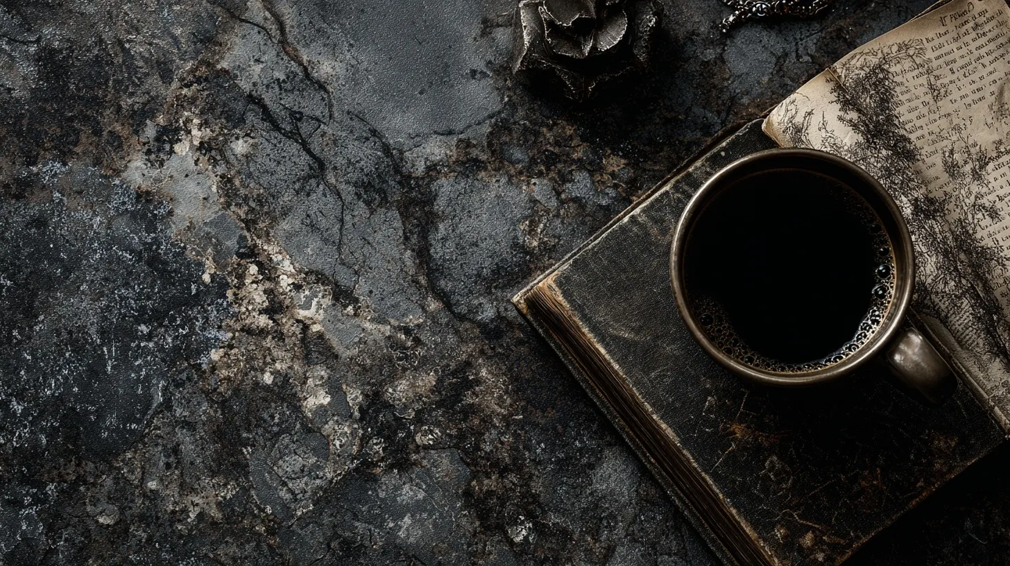 A cozy desktop background featuring a steaming cup of coffee next to an open book on a wooden desk.