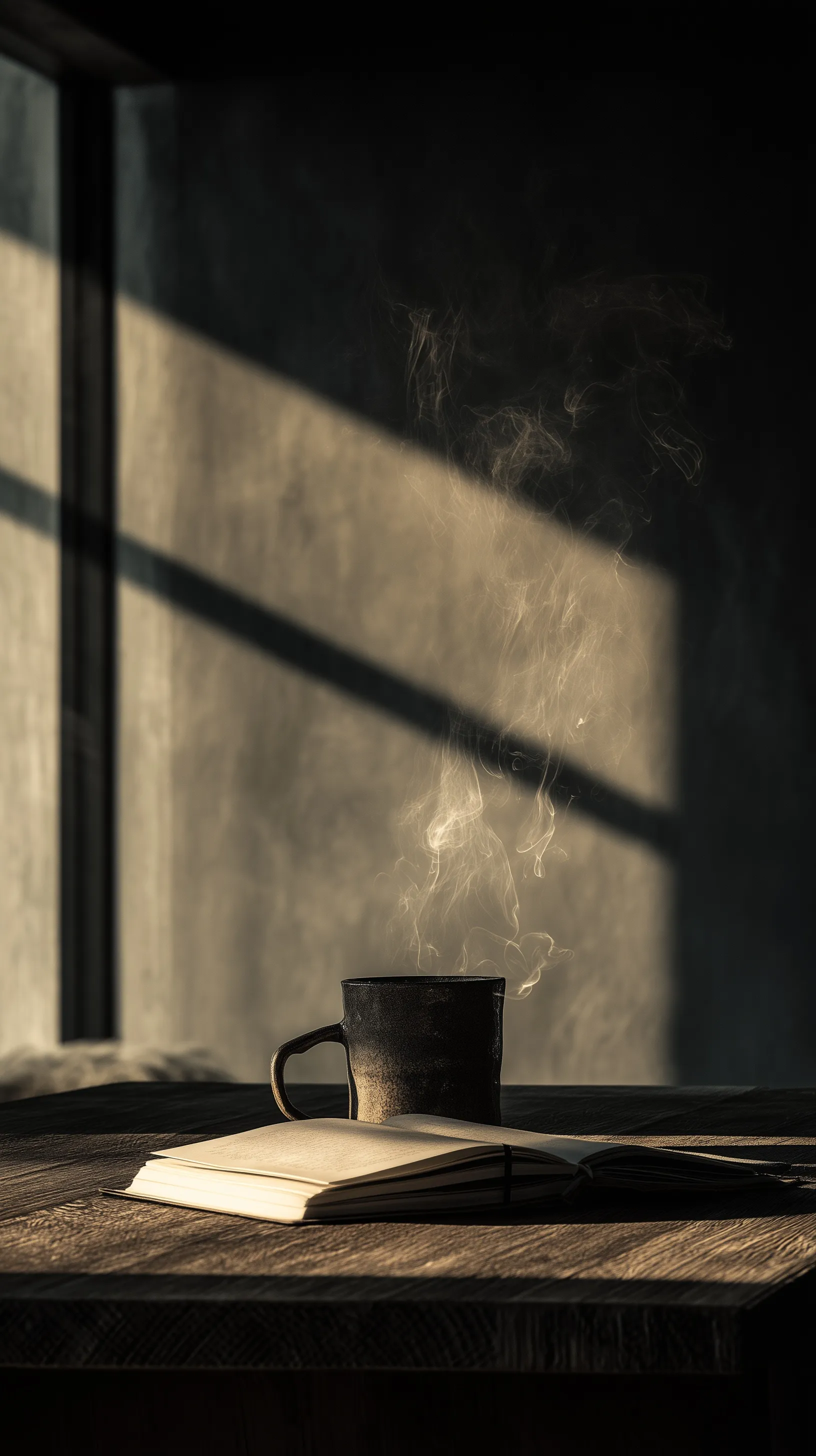 A ceramic mug with steam and an open notebook on a minimalistic wooden table in soft morning sunlight.
