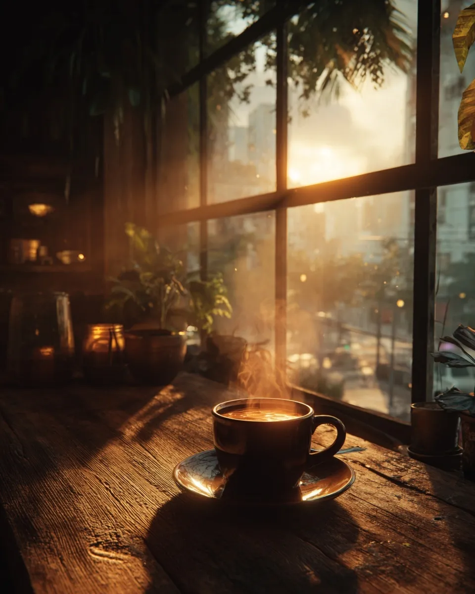 A steaming cup of fresh morning coffee on a rustic wooden table with soft sunlight, perfect for cozy breakfast vibes.