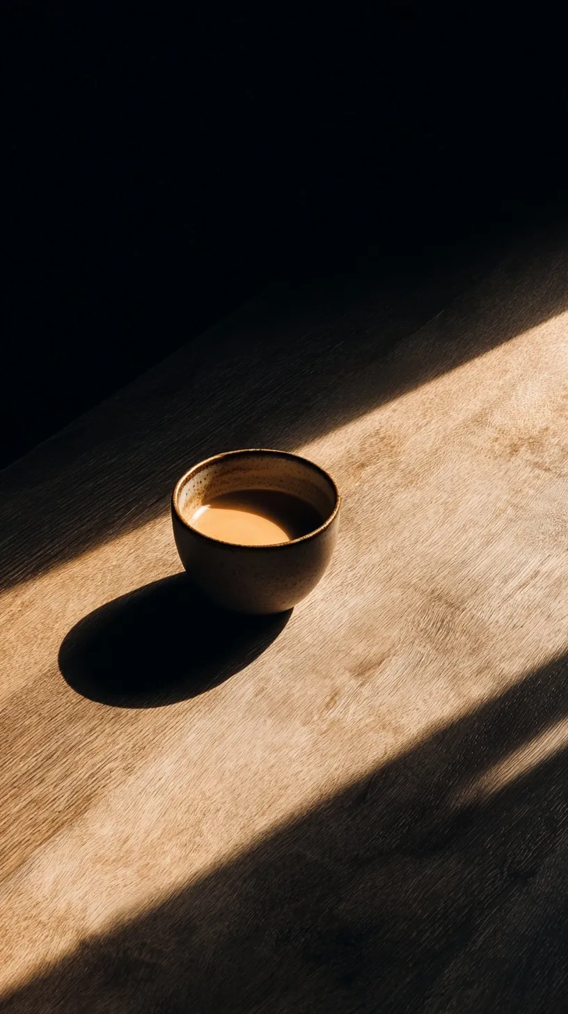Minimalist espresso cup on a rustic wooden table with dramatic sunlight and sharp shadows in a moody aesthetic.