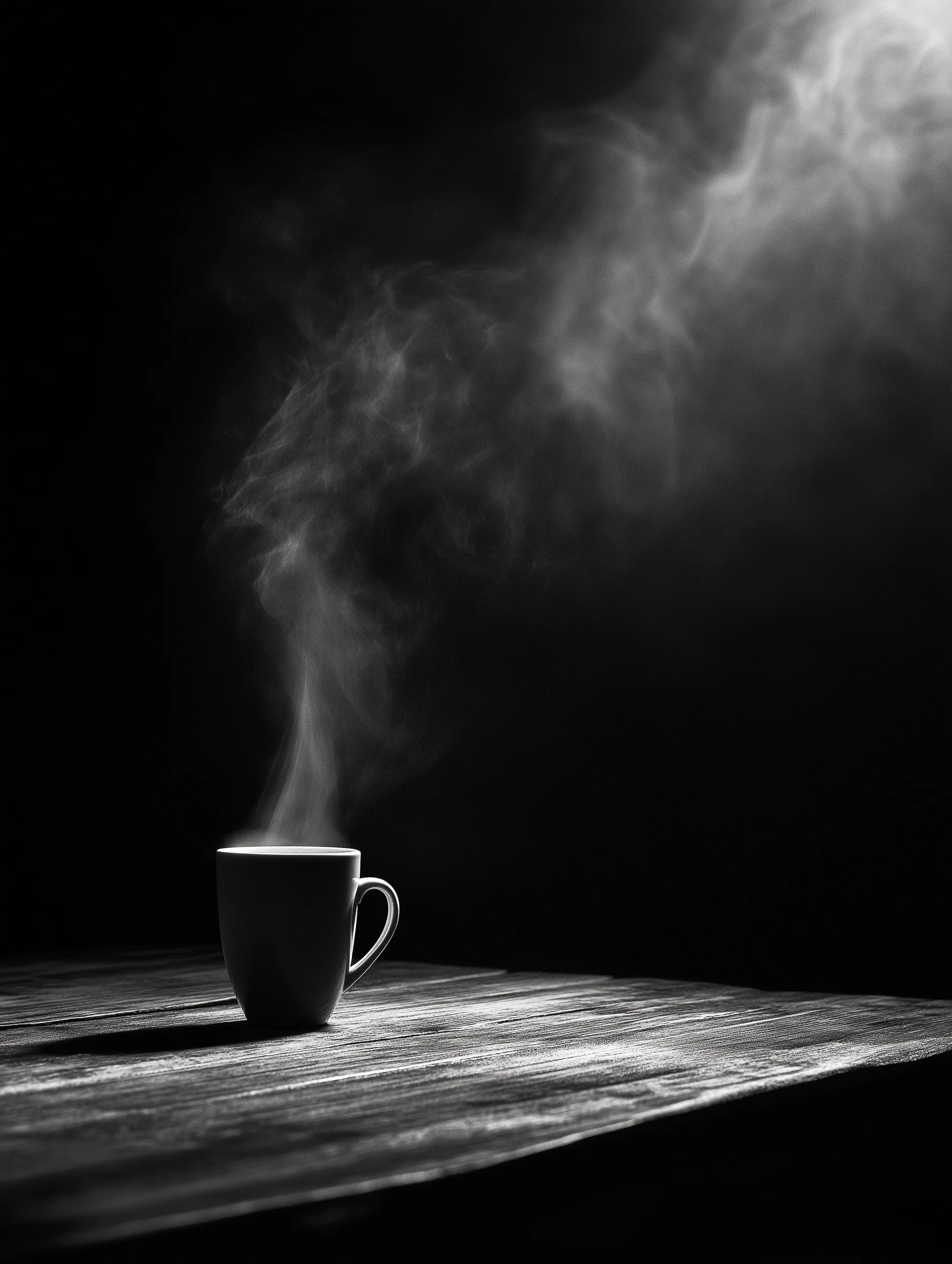 A cinematic black and white coffee cup on a wooden table with rising steam against a dark minimalist background.