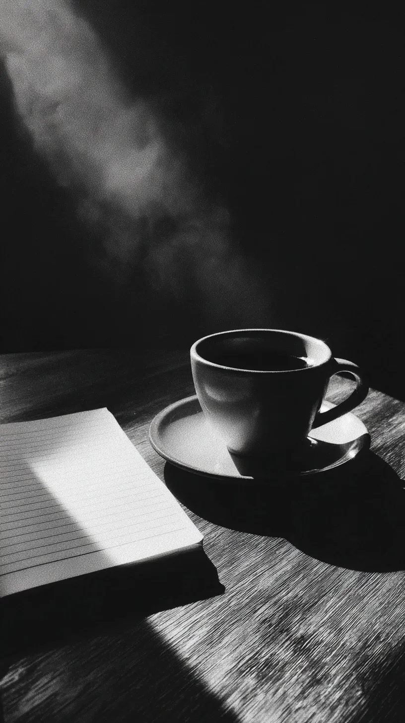 A moody, minimalist black and white photo of a coffee cup and notebook with soft lighting and film grain.