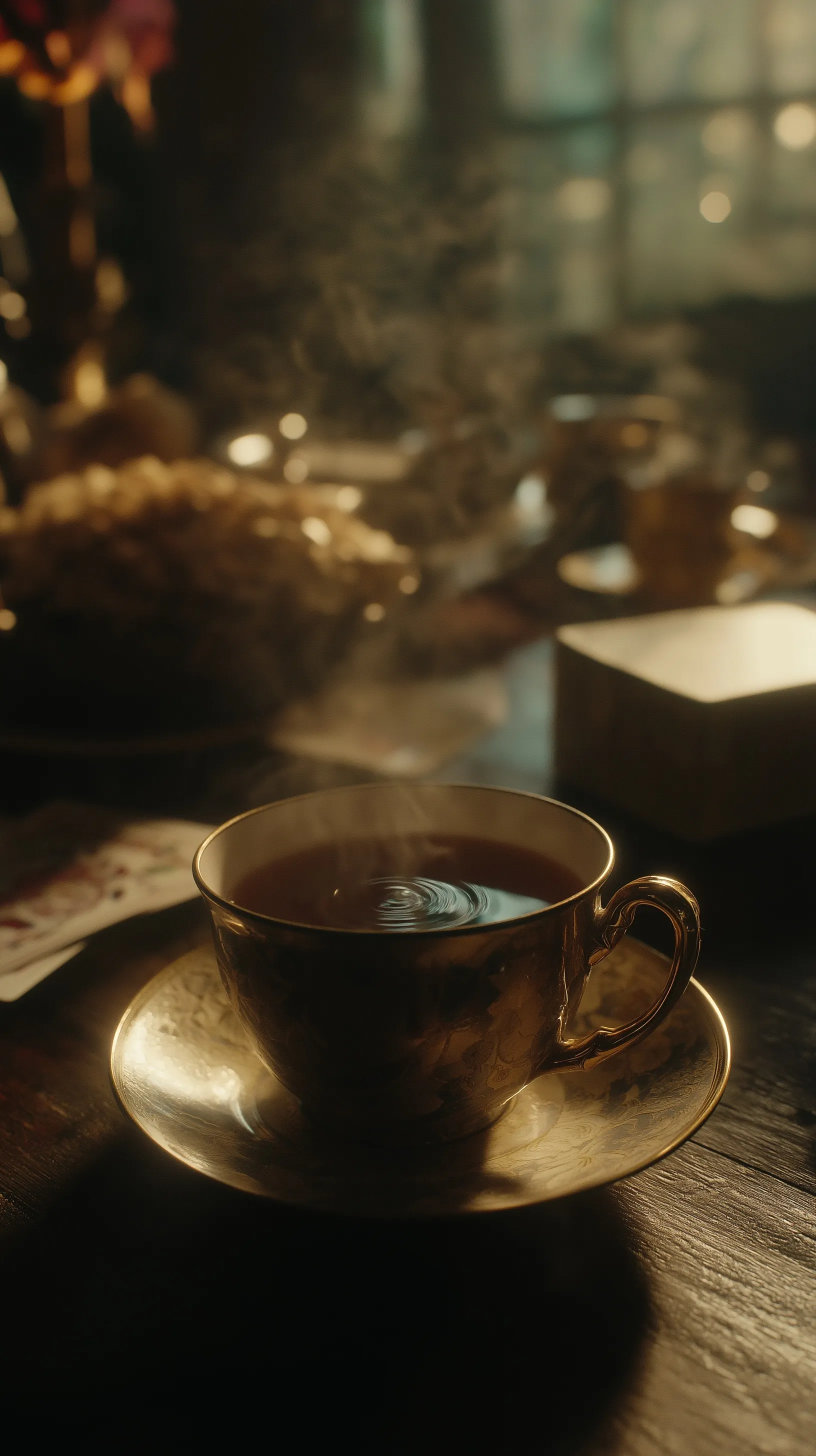 Cinematic horror scene of a trembling tea cup on a wooden table with friends playing cards in a flickering room.