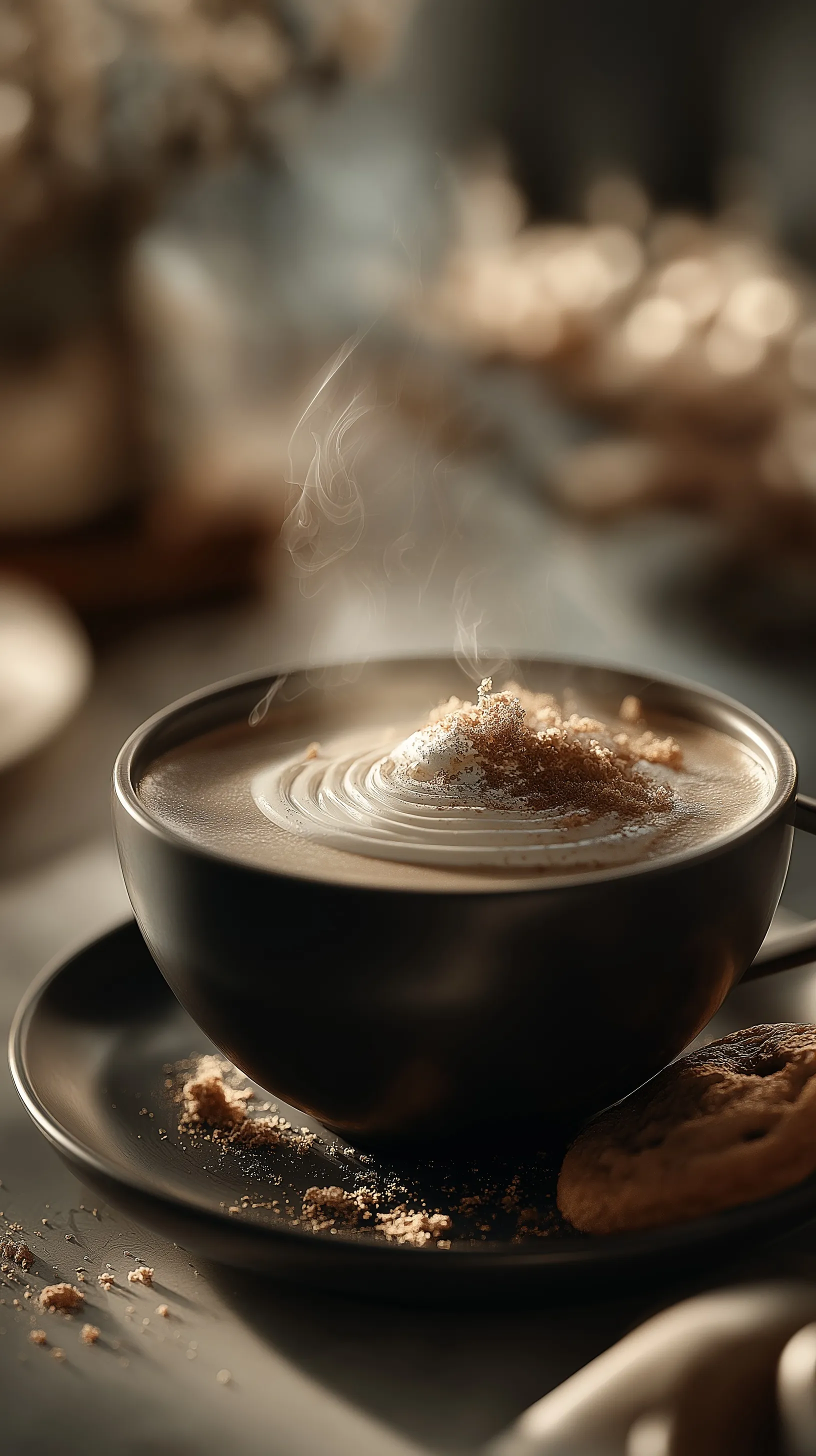Steaming gourmet cookies and cream coffee on a terrazzo countertop with cookie crumbs and soft natural lighting.