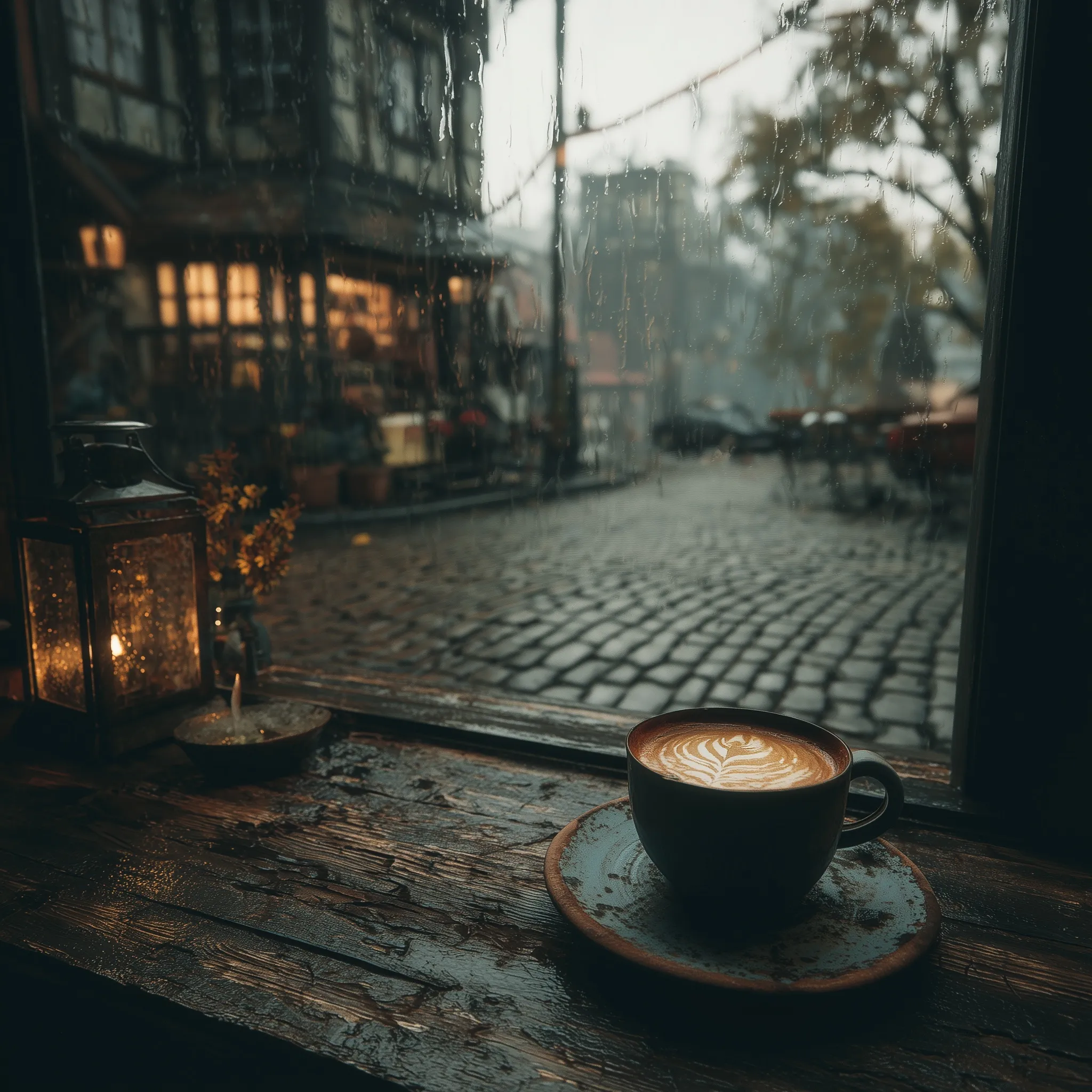 A moody rainy day in a cozy coffee shop with a cappuccino on a table overlooking a charming cobblestone village.