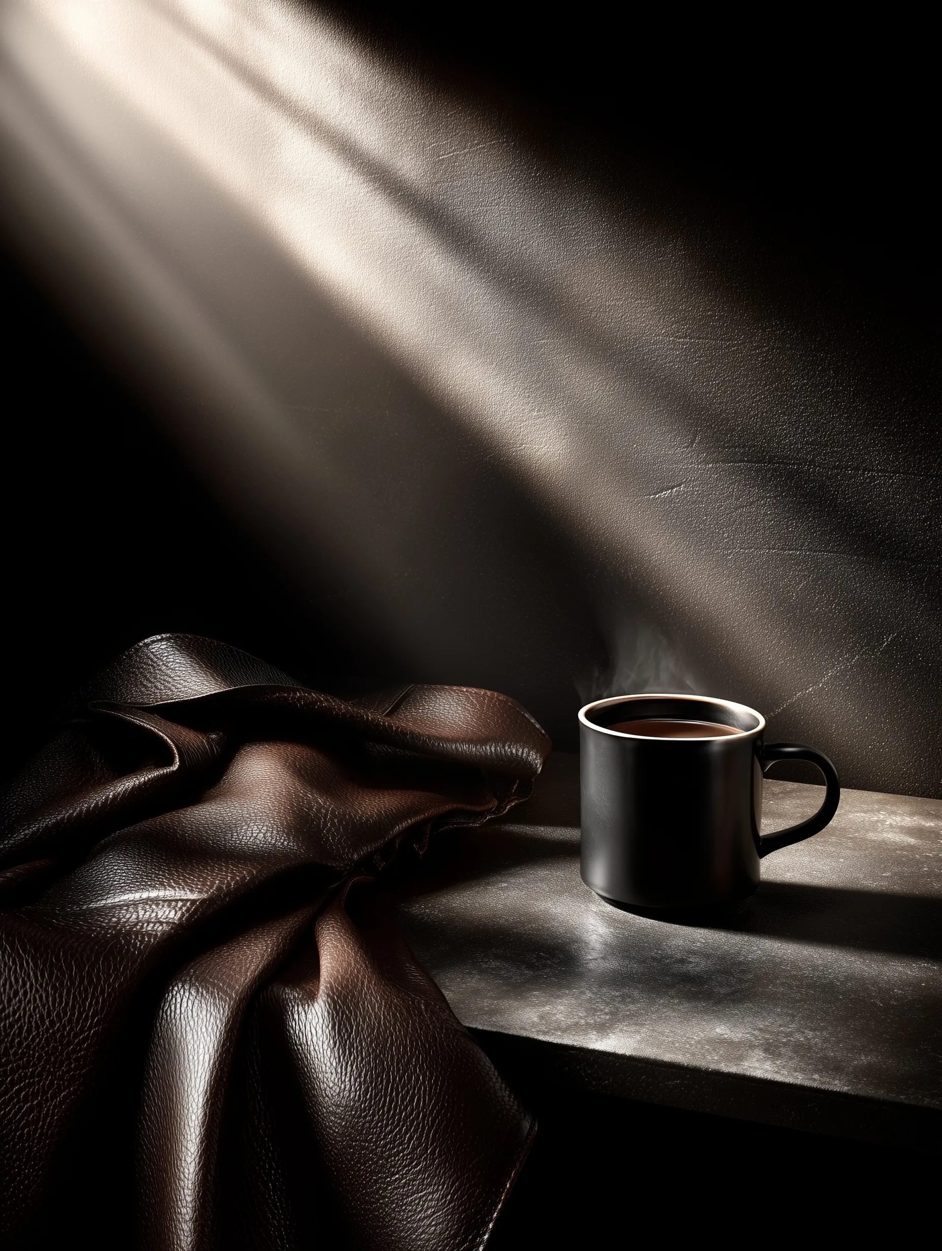 A fresh cup of coffee on a dark, textured leather background with cinematic morning light.