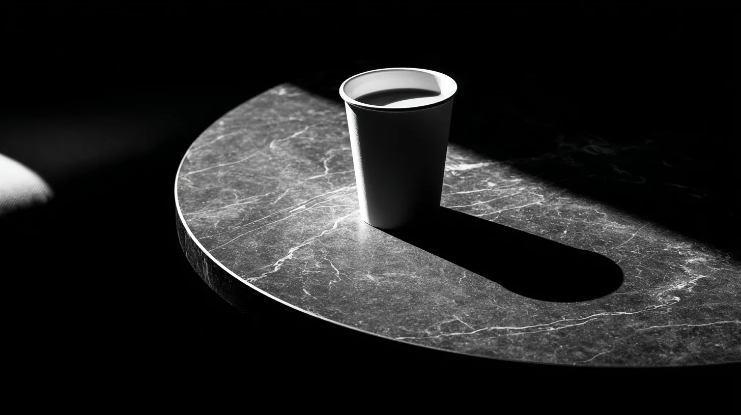 Minimalist coffee cup on dark marble table with dramatic light, deep shadows, and neon reflections.