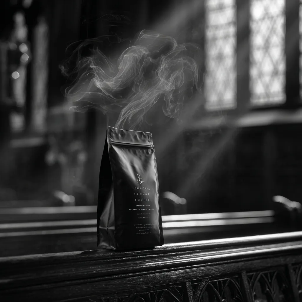A hyper-realistic black coffee bag on a gothic church pew with swirling black and white smoke.