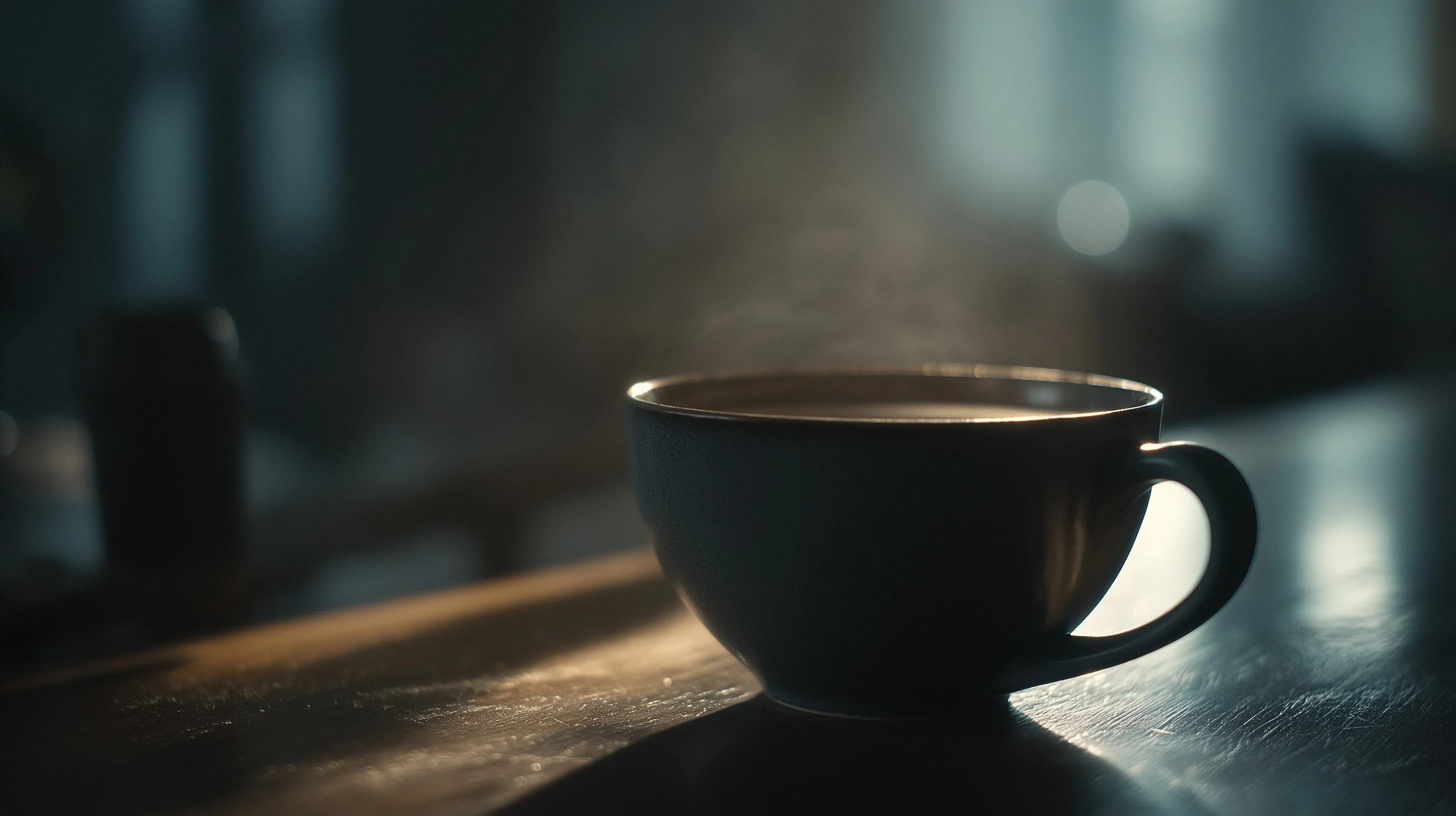 A moody, cinematic coffee cup in dim morning light with deep shadows and soft grain for a quiet, masculine aesthetic.