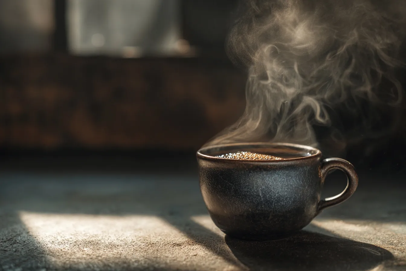 A steaming cup of fresh coffee on a wooden table, capturing a cozy morning atmosphere.