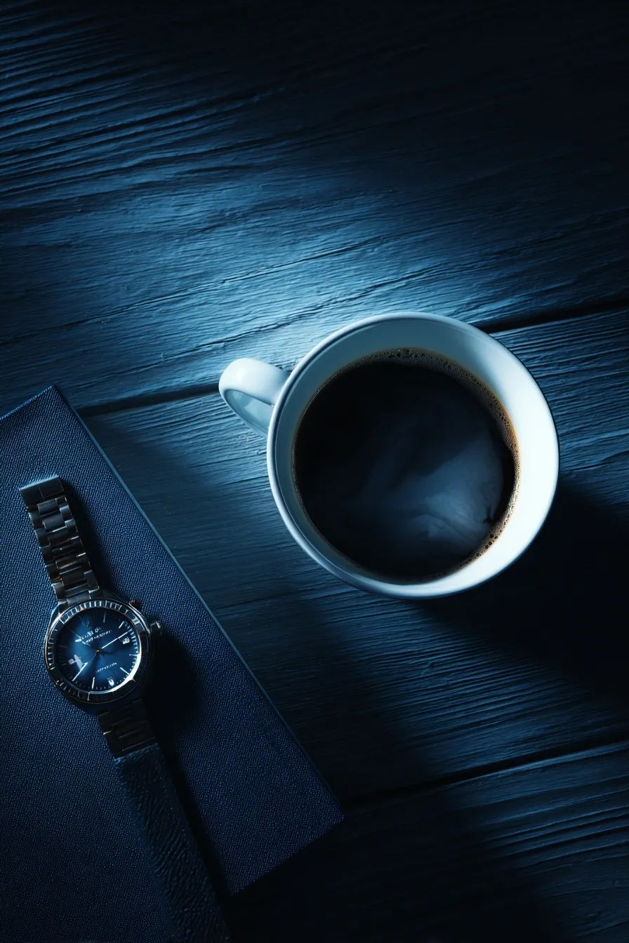 A white coffee cup on a dark wooden desk with a watch at 3 AM, cinematic dramatic lighting and editorial style.